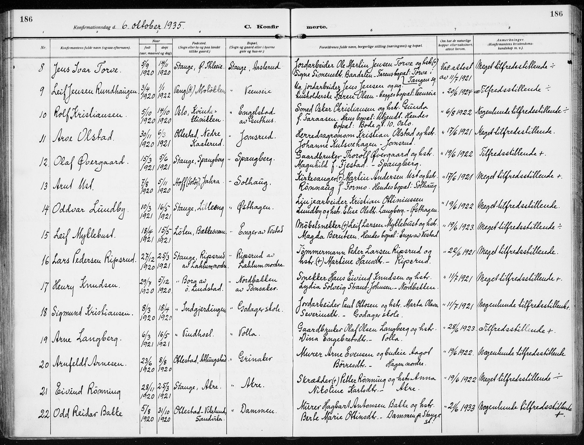 Stange prestekontor, SAH/PREST-002/K/L0026: Ministerialbok nr. 26, 1923-1937, s. 186