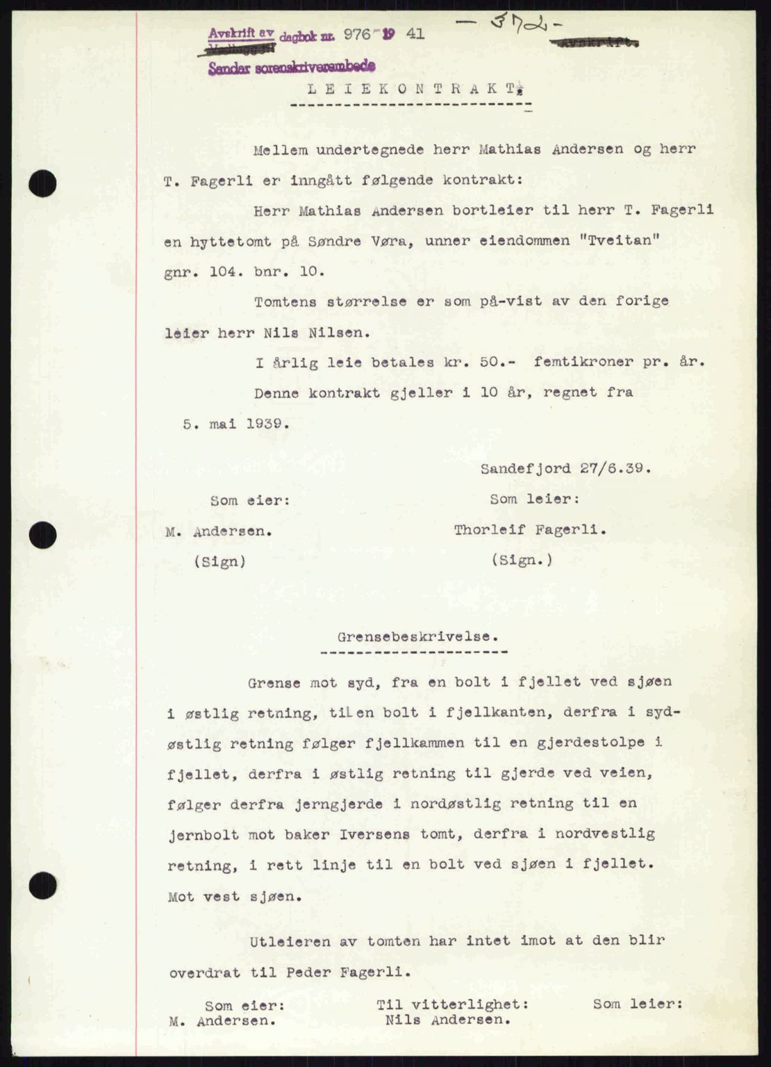 Sandar sorenskriveri, SAKO/A-86/G/Ga/Gab/L0001: Pantebok nr. B-1 og B-3 - B-9, 1936-1944, Dagboknr: 976/1941