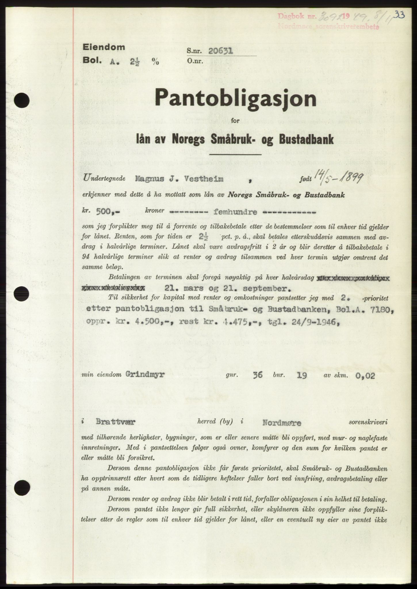 Nordmøre sorenskriveri, AV/SAT-A-4132/1/2/2Ca: Pantebok nr. B103, 1949-1950, Dagboknr: 3092/1949