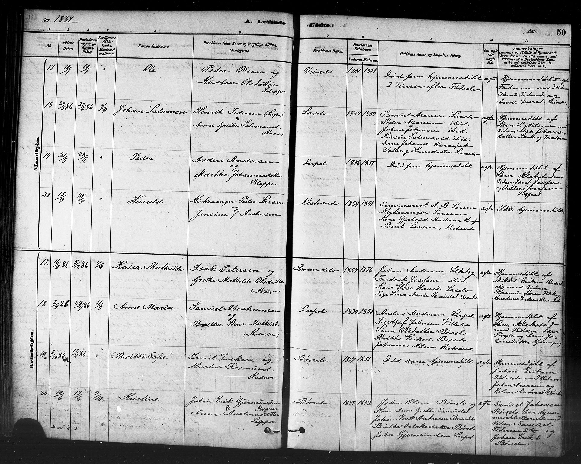 Kistrand/Porsanger sokneprestembete, AV/SATØ-S-1351/H/Ha/L0007.kirke: Ministerialbok nr. 7, 1881-1889, s. 50