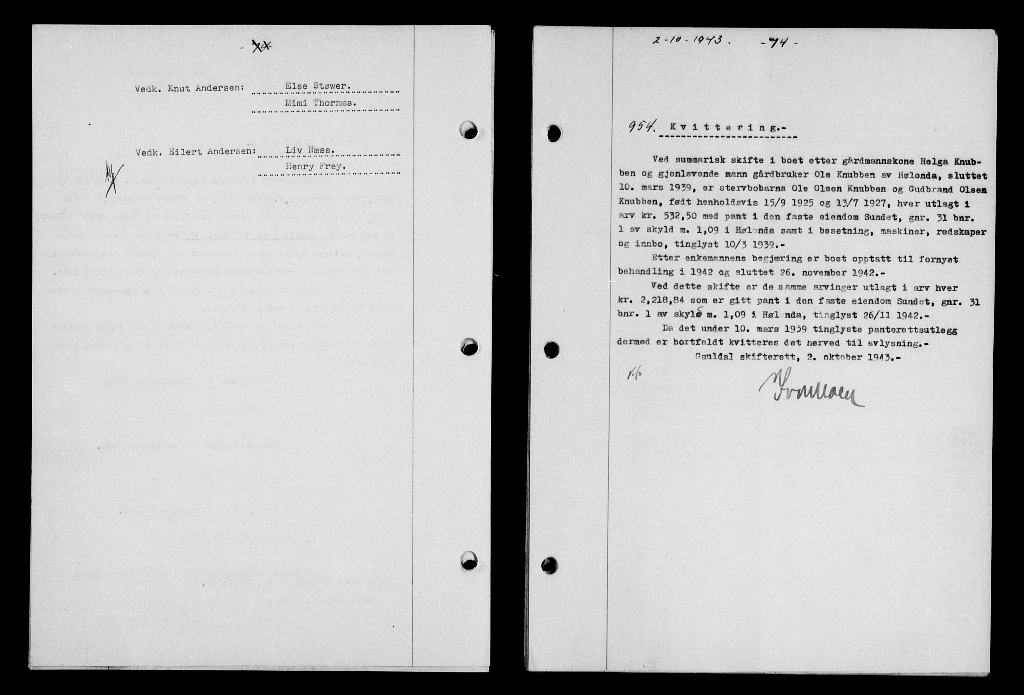 Gauldal sorenskriveri, SAT/A-0014/1/2/2C/L0057: Pantebok nr. 62, 1943-1944, Dagboknr: 954/1943