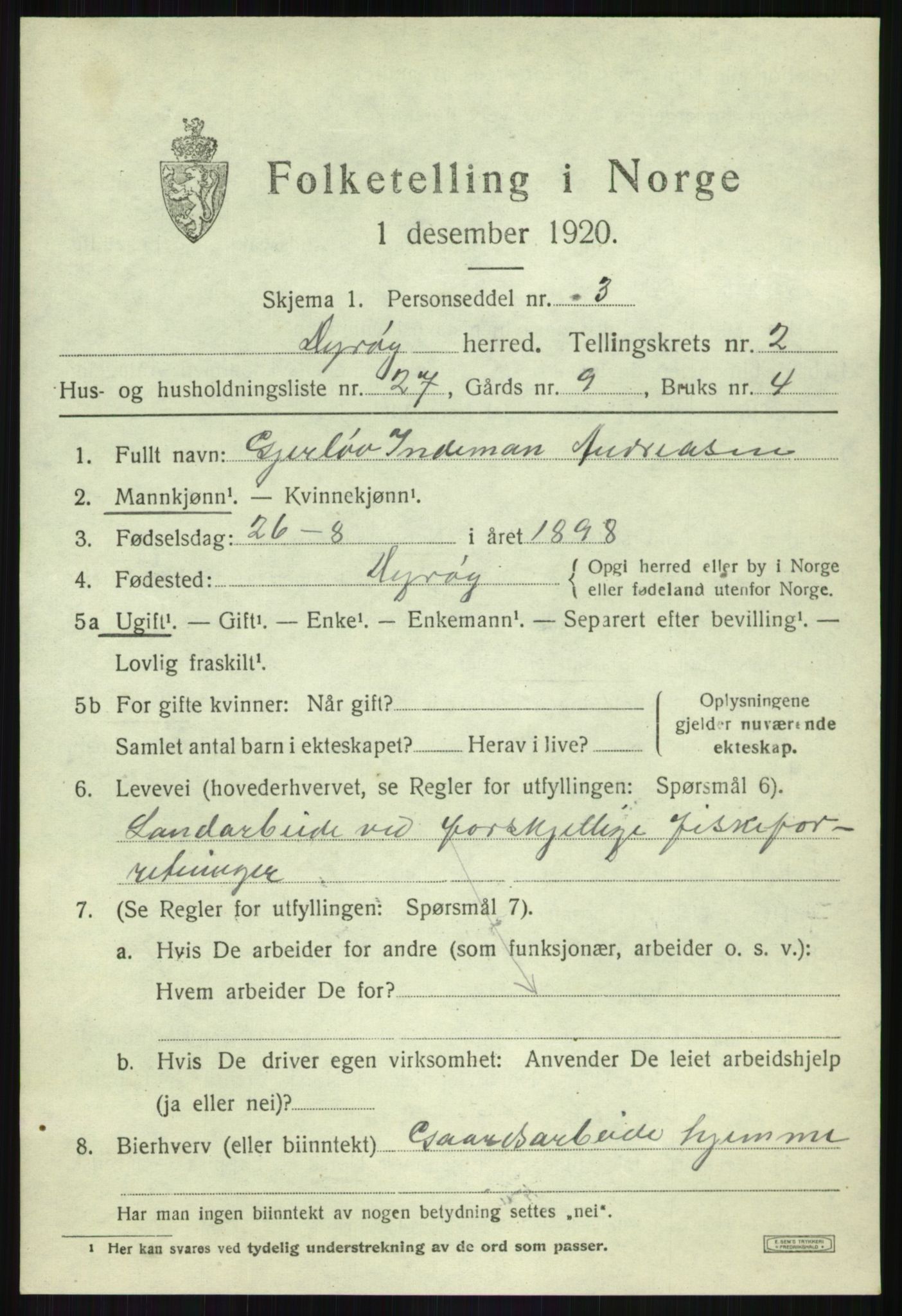 SATØ, Folketelling 1920 for 1926 Dyrøy herred, 1920, s. 1599