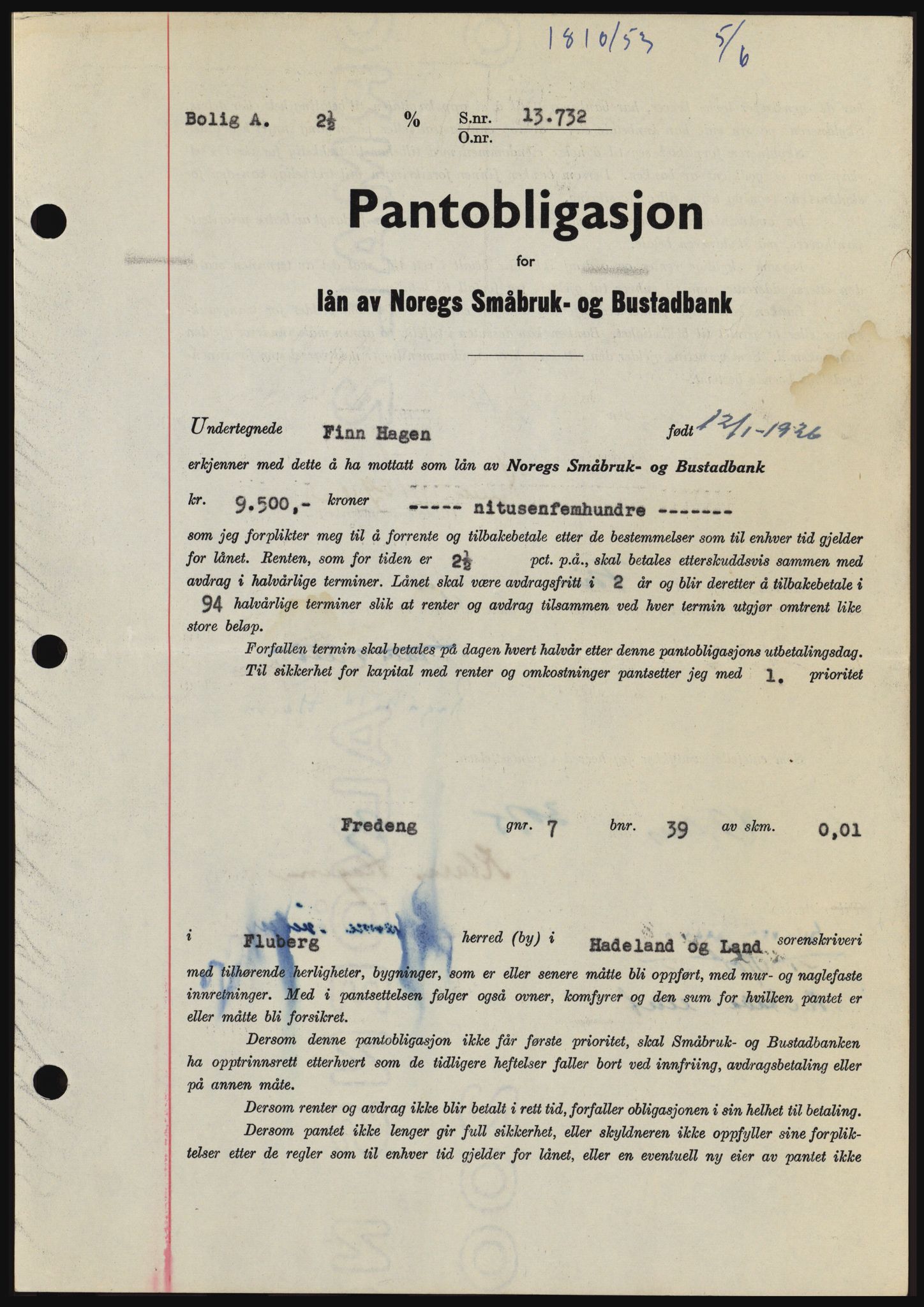 Hadeland og Land tingrett, SAH/TING-010/H/Hb/Hbc/L0027: Pantebok nr. B27, 1953-1953, Dagboknr: 1810/1953