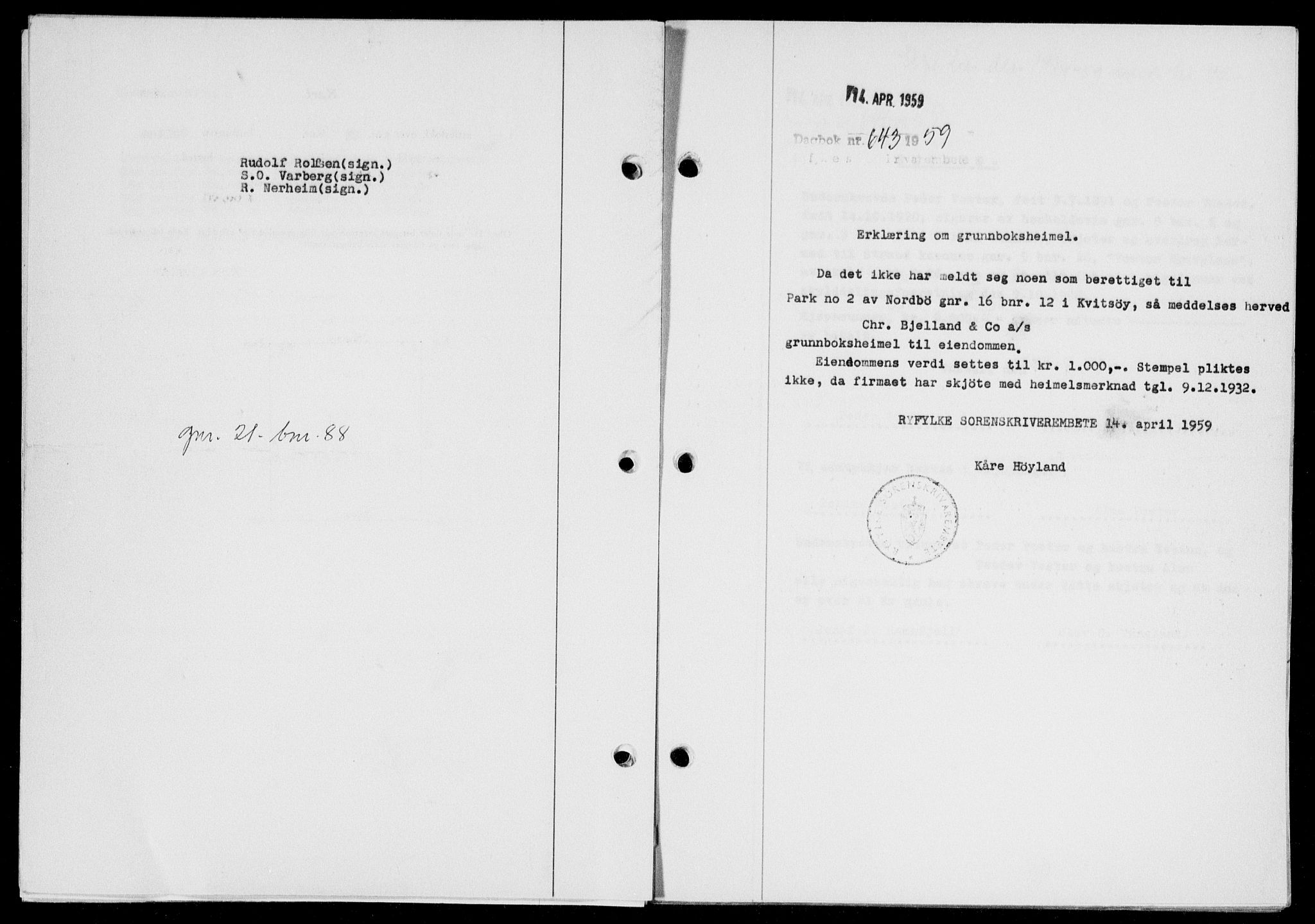 Ryfylke tingrett, SAST/A-100055/001/II/IIB/L0146: Pantebok nr. 125, 1965-1959, Dagboknr: 643/1959