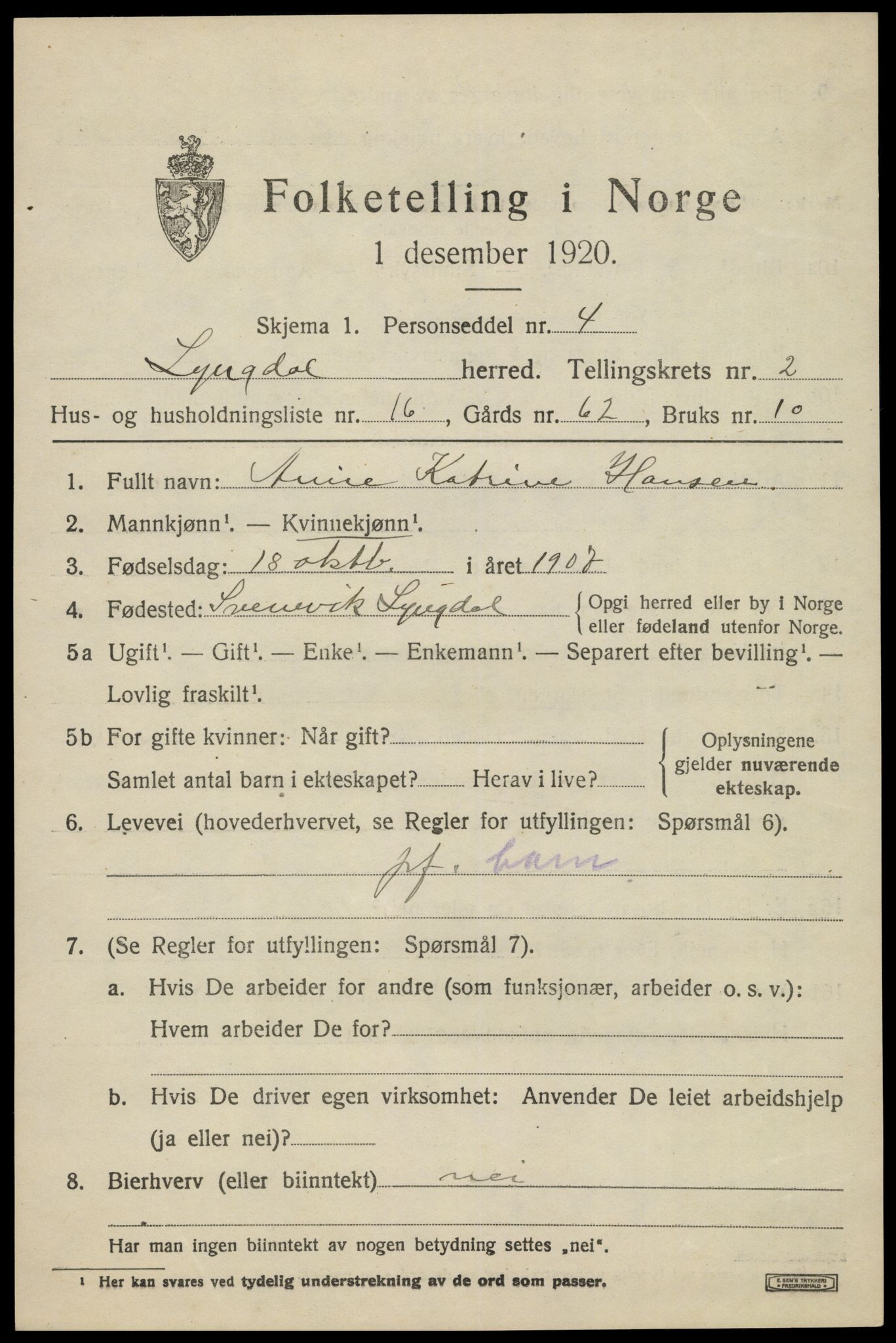 SAK, Folketelling 1920 for 1032 Lyngdal herred, 1920, s. 1725