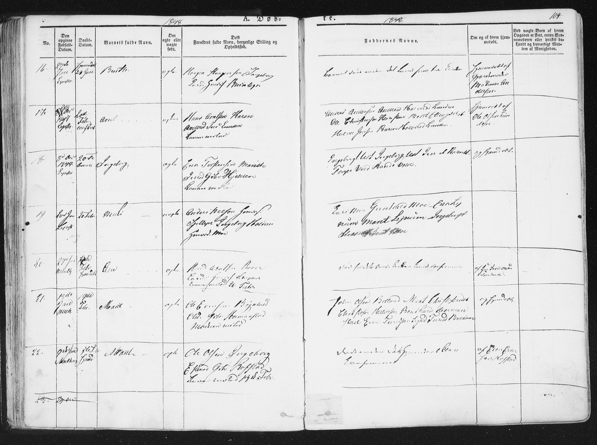 Ministerialprotokoller, klokkerbøker og fødselsregistre - Sør-Trøndelag, SAT/A-1456/691/L1074: Ministerialbok nr. 691A06, 1842-1852, s. 104