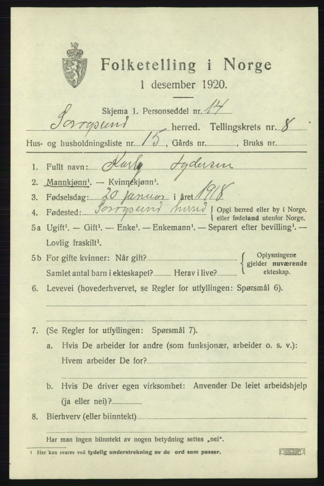 SATØ, Folketelling 1920 for 2016 Sørøysund herred, 1920, s. 3596