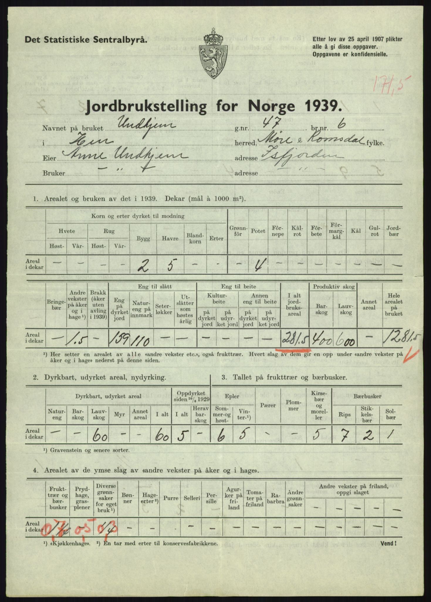 Statistisk sentralbyrå, Næringsøkonomiske emner, Jordbruk, skogbruk, jakt, fiske og fangst, AV/RA-S-2234/G/Gb/L0251: Møre og Romsdal: Voll, Eid, Grytten og Hen, 1939, s. 1445