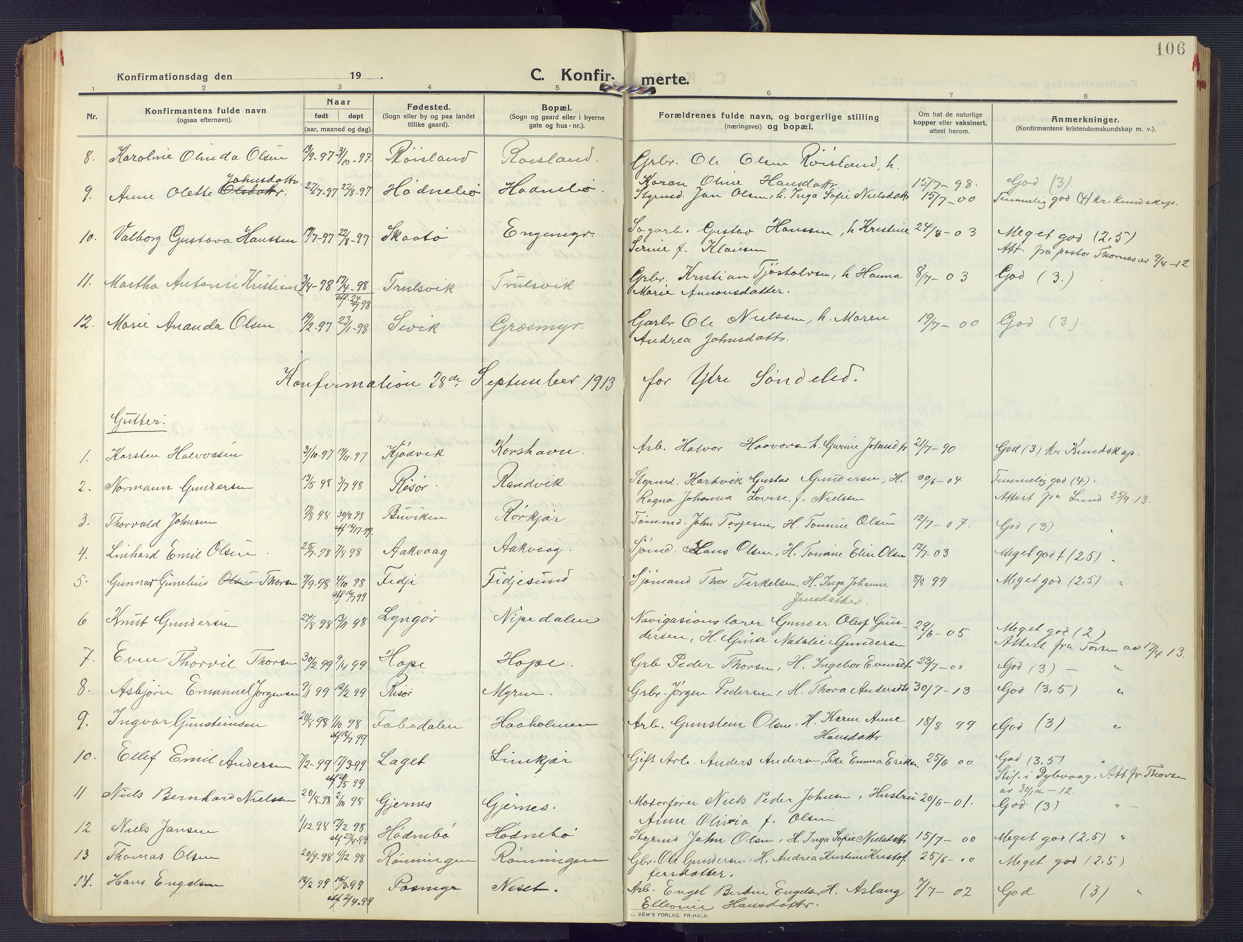 Søndeled sokneprestkontor, AV/SAK-1111-0038/F/Fb/L0006: Klokkerbok nr. B 7, 1912-1947, s. 106