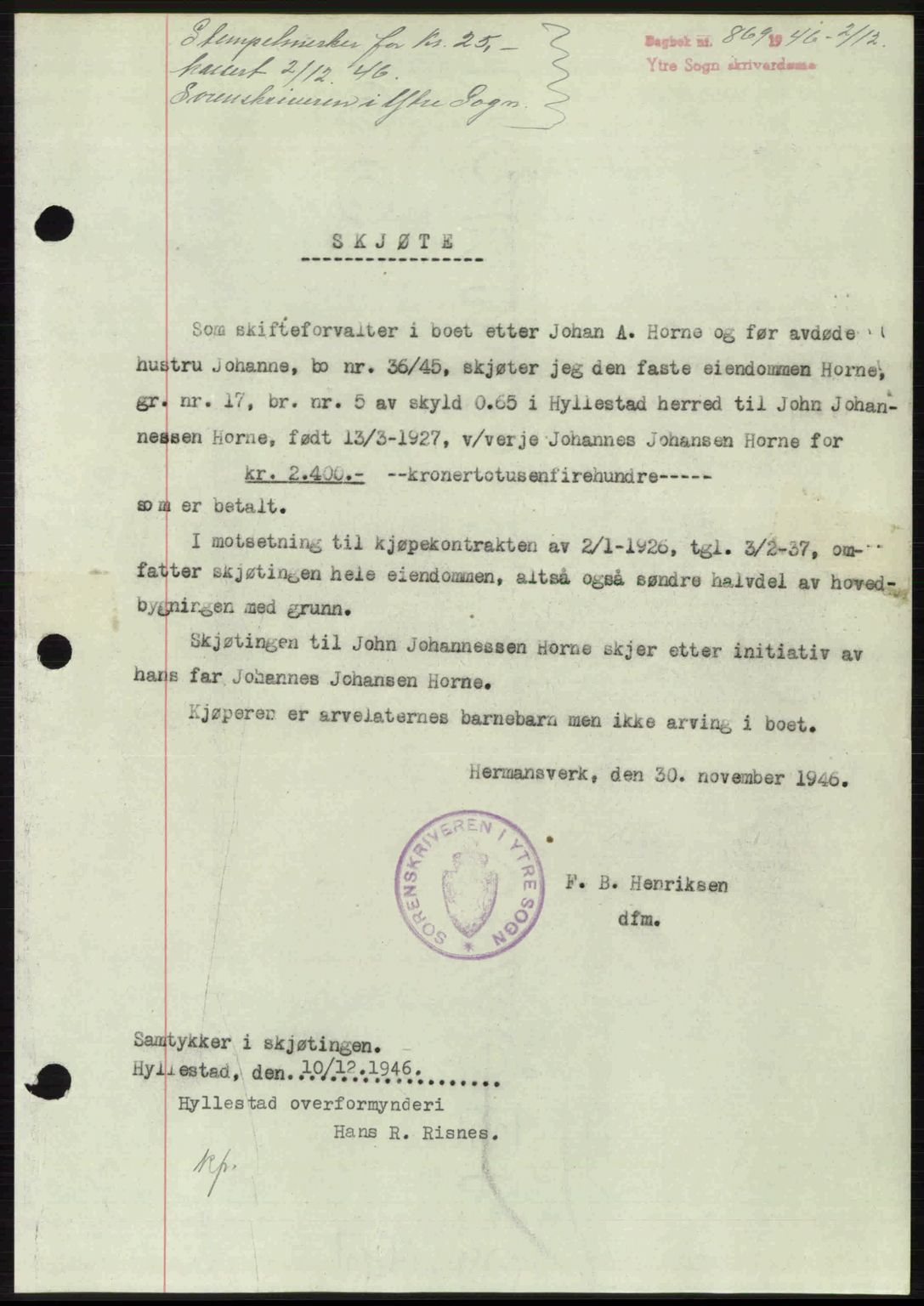 Ytre Sogn tingrett, AV/SAB-A-2601/1/G/Gbb/L0003: Pantebok nr. A1 - A2 (B1), 1946-1947, Dagboknr: 869/1946