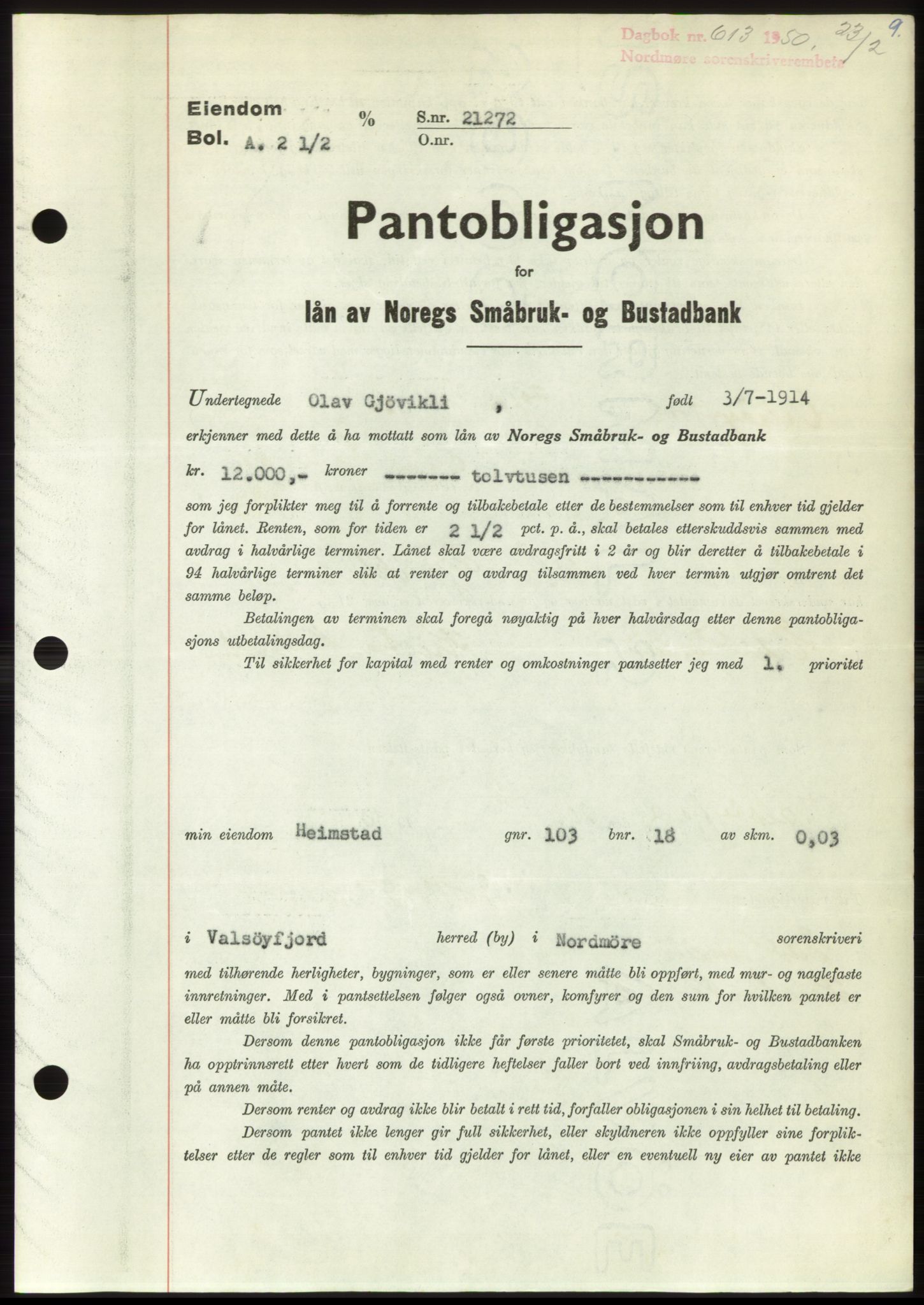 Nordmøre sorenskriveri, SAT/A-4132/1/2/2Ca: Pantebok nr. B104, 1950-1950, Dagboknr: 613/1950