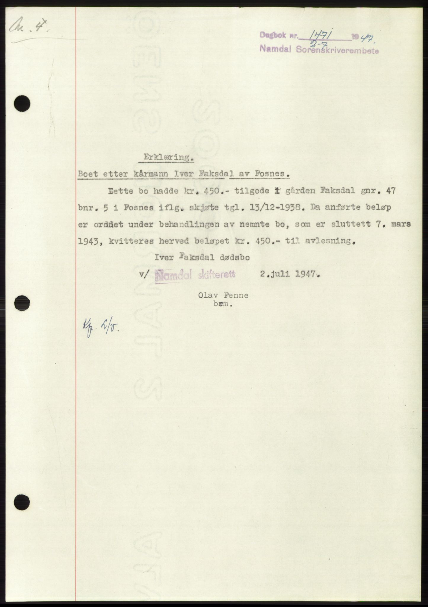Namdal sorenskriveri, SAT/A-4133/1/2/2C: Pantebok nr. -, 1947-1947, Dagboknr: 1471/1947