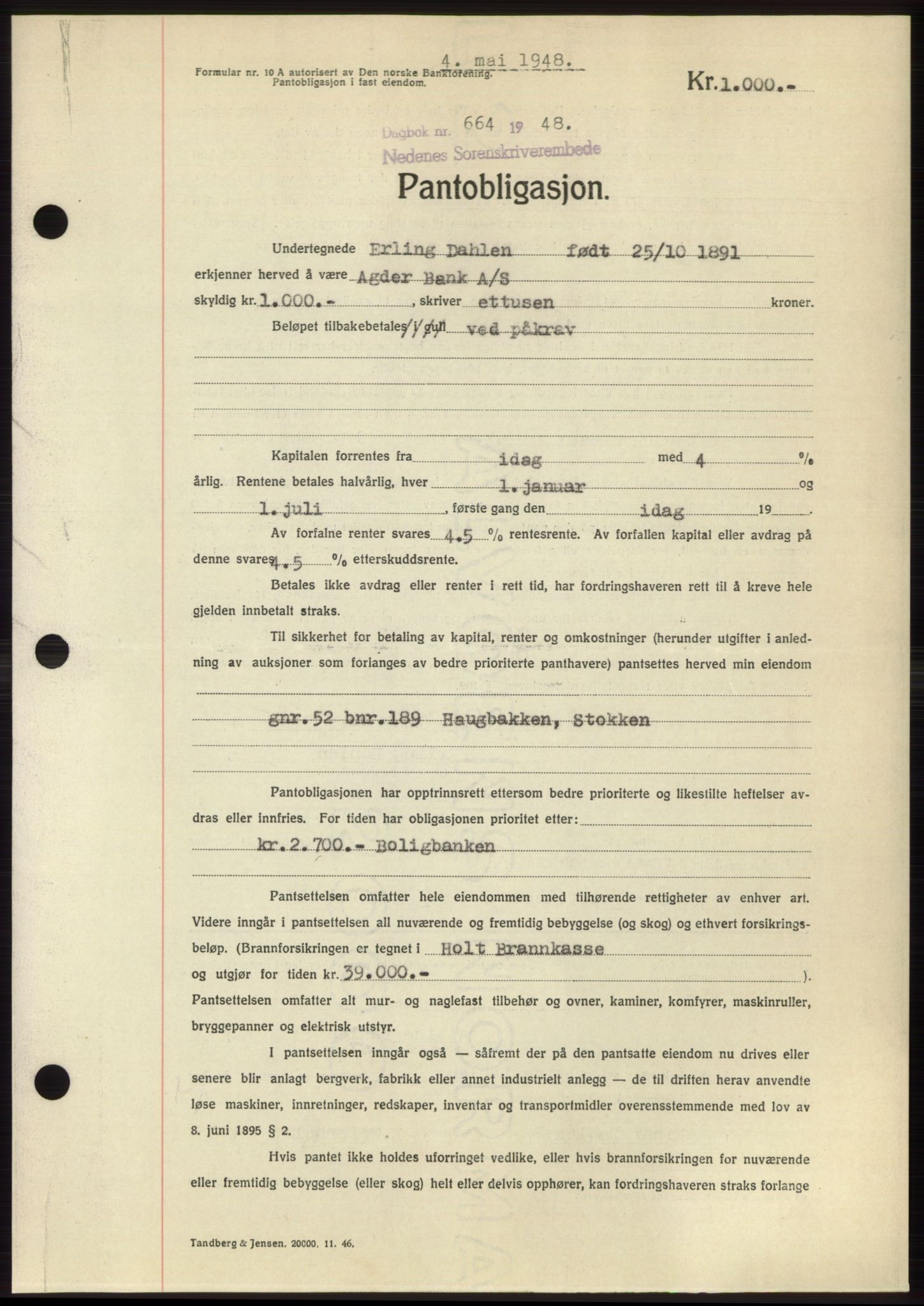Nedenes sorenskriveri, AV/SAK-1221-0006/G/Gb/Gbb/L0005: Pantebok nr. B5, 1948-1948, Dagboknr: 664/1948