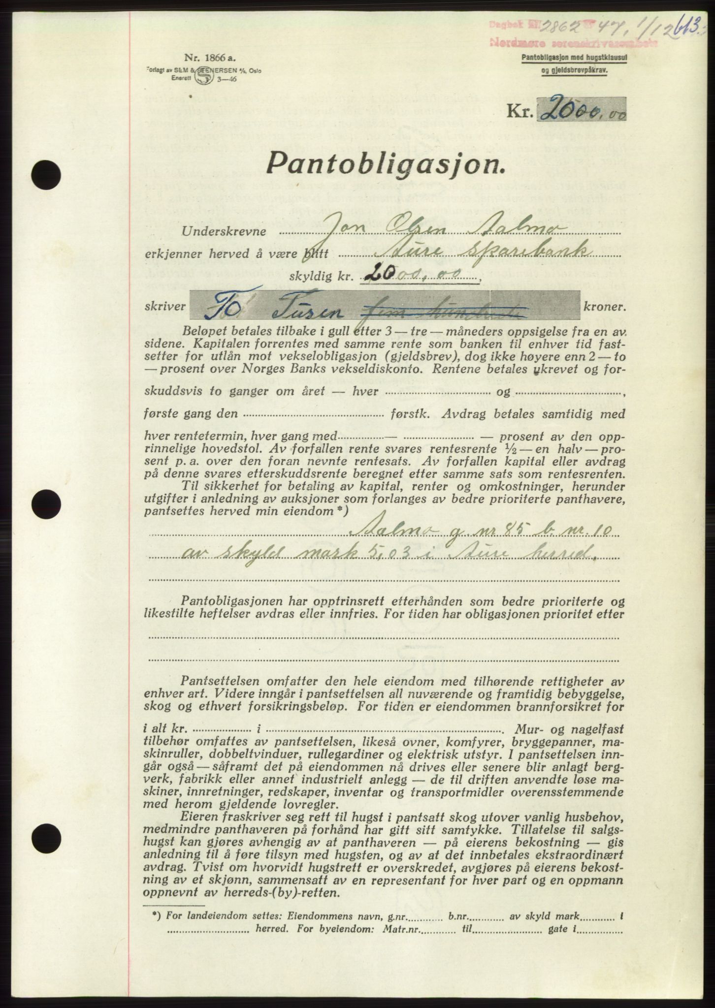 Nordmøre sorenskriveri, AV/SAT-A-4132/1/2/2Ca: Pantebok nr. B97, 1947-1948, Dagboknr: 2862/1947