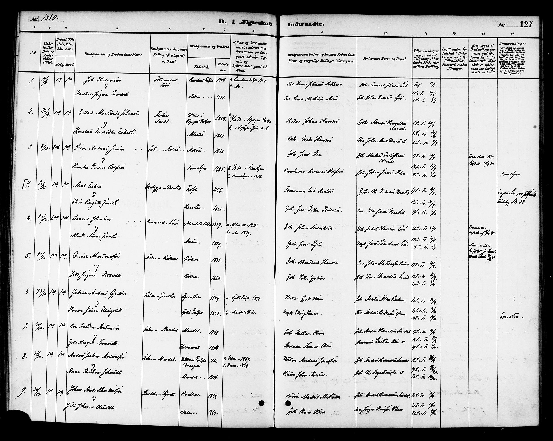 Ministerialprotokoller, klokkerbøker og fødselsregistre - Sør-Trøndelag, AV/SAT-A-1456/654/L0663: Ministerialbok nr. 654A01, 1880-1894, s. 127