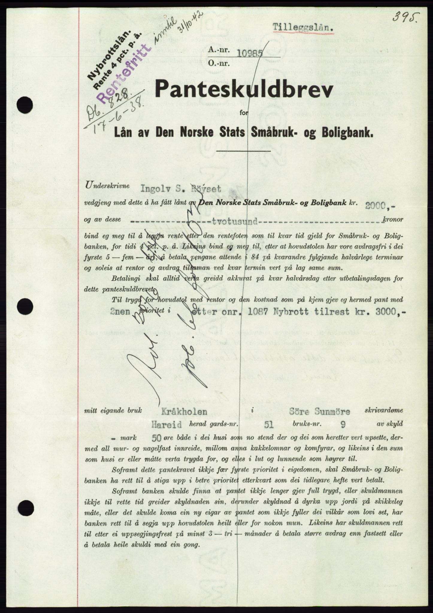 Søre Sunnmøre sorenskriveri, AV/SAT-A-4122/1/2/2C/L0065: Pantebok nr. 59, 1938-1938, Dagboknr: 828/1938