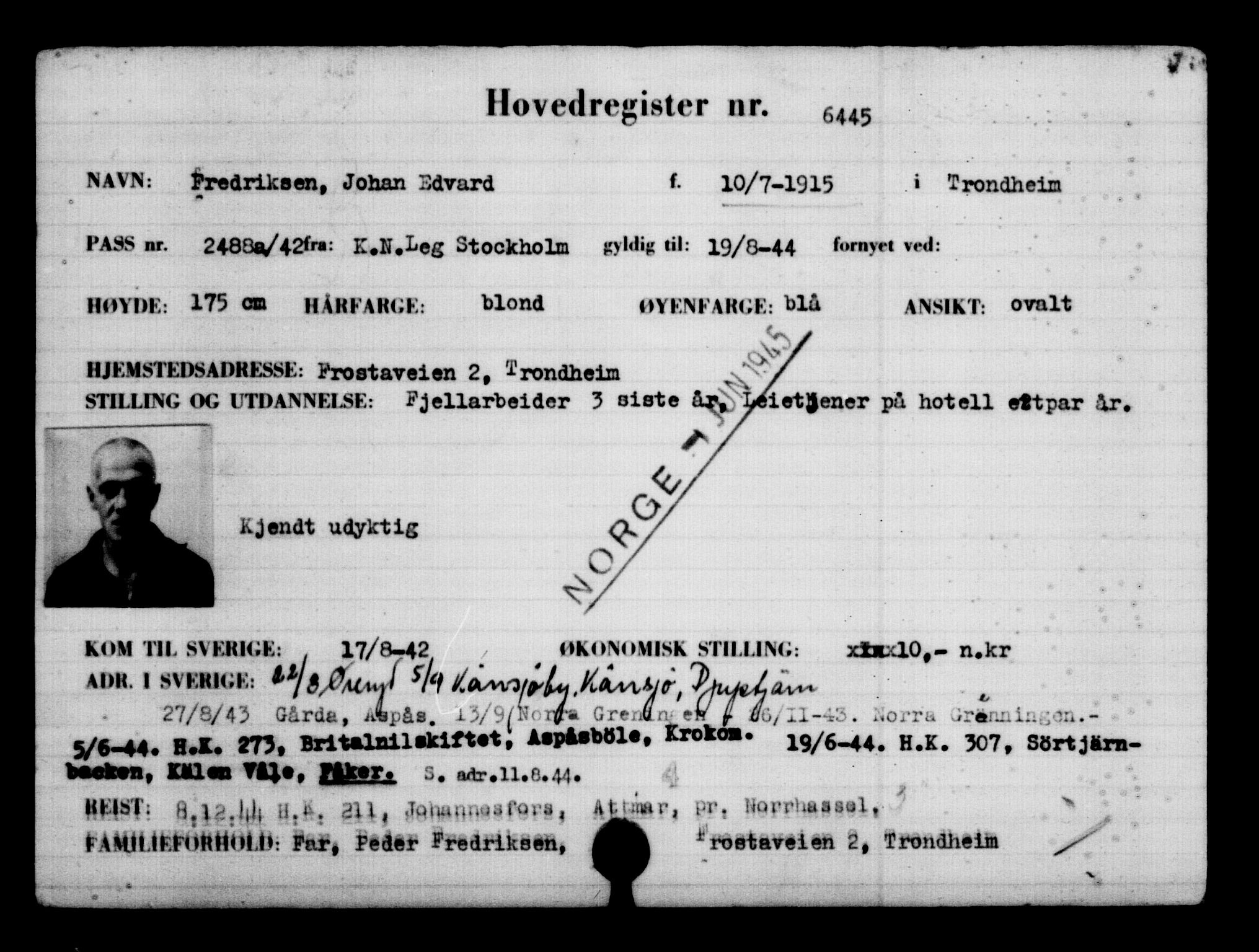 Utenriksstasjonene, Legasjonen i Stockholm, Flyktningkontoret, AV/RA-S-6753/V/Va/L0004: Kjesäterkartoteket, flyktninger med registreringsnr. 3496-6610, 1940-1945, s. 3492