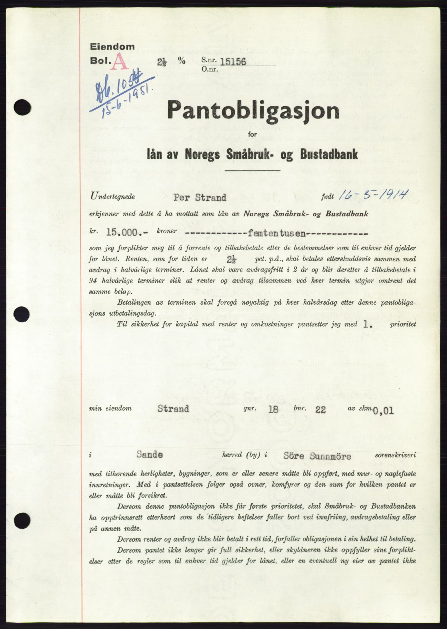 Søre Sunnmøre sorenskriveri, SAT/A-4122/1/2/2C/L0120: Pantebok nr. 8B, 1951-1951, Dagboknr: 1054/1951