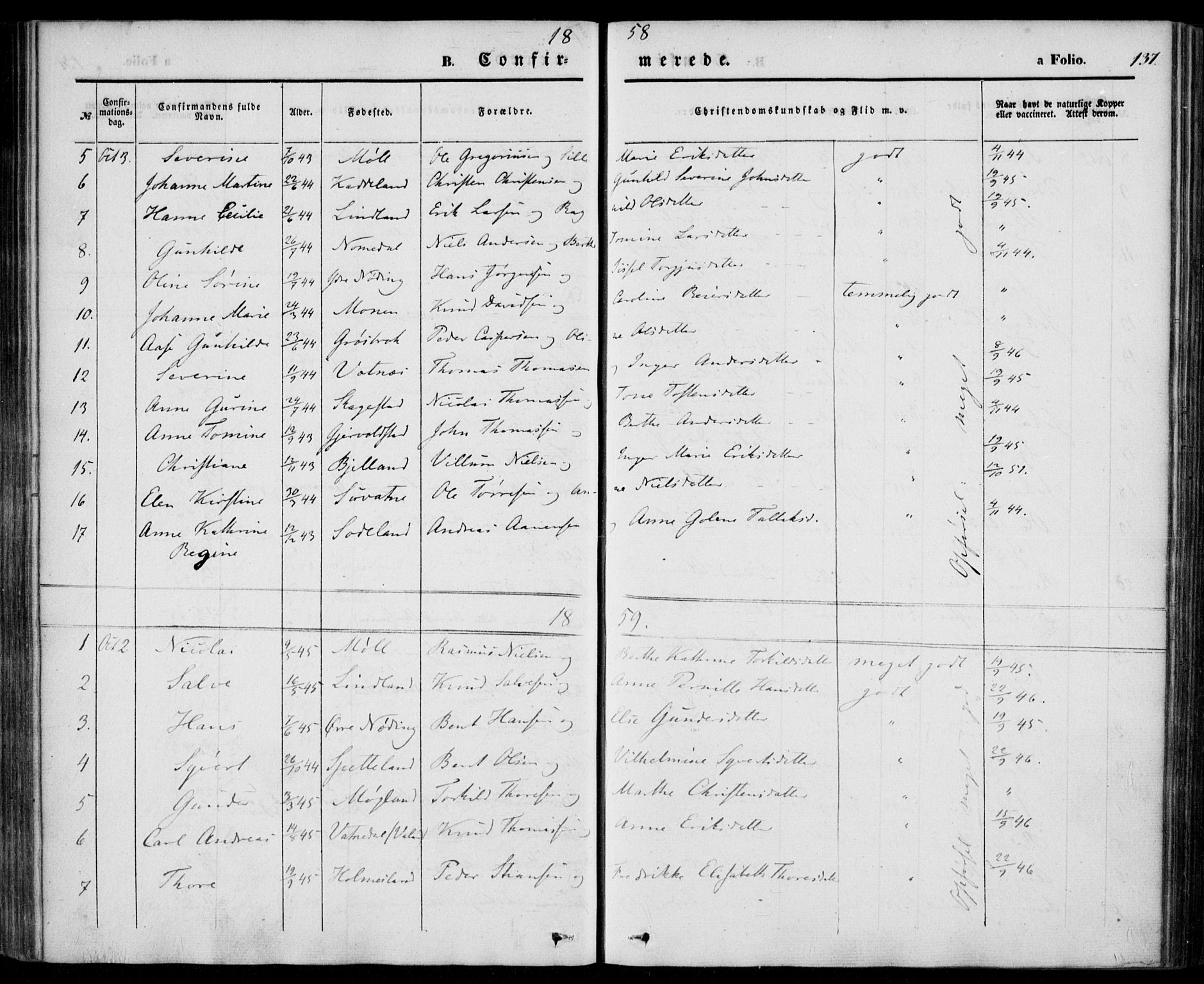 Holum sokneprestkontor, SAK/1111-0022/F/Fa/Faa/L0005: Ministerialbok nr. A 5, 1850-1864, s. 137