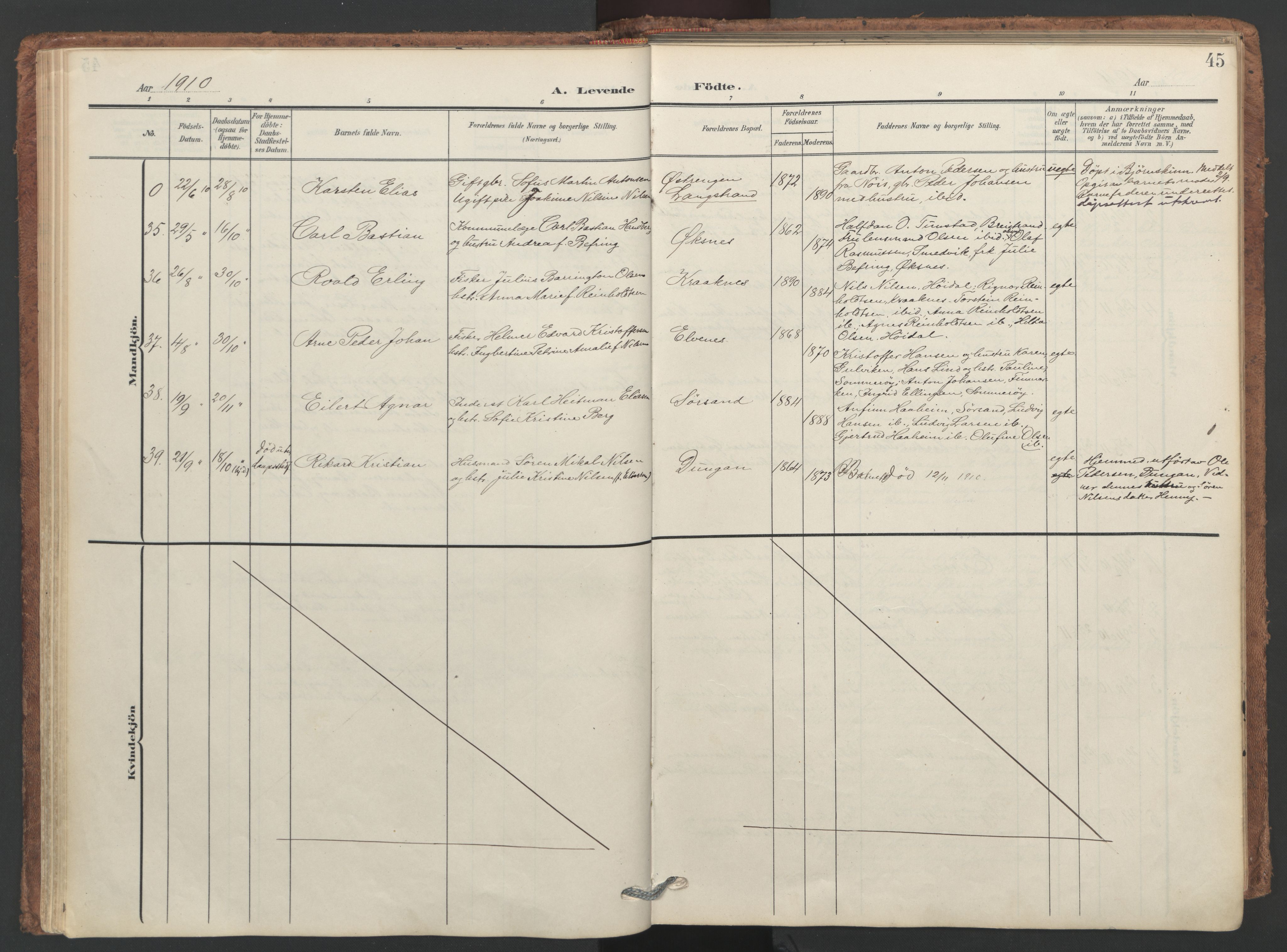 Ministerialprotokoller, klokkerbøker og fødselsregistre - Nordland, SAT/A-1459/893/L1339: Ministerialbok nr. 893A11, 1904-1914, s. 45