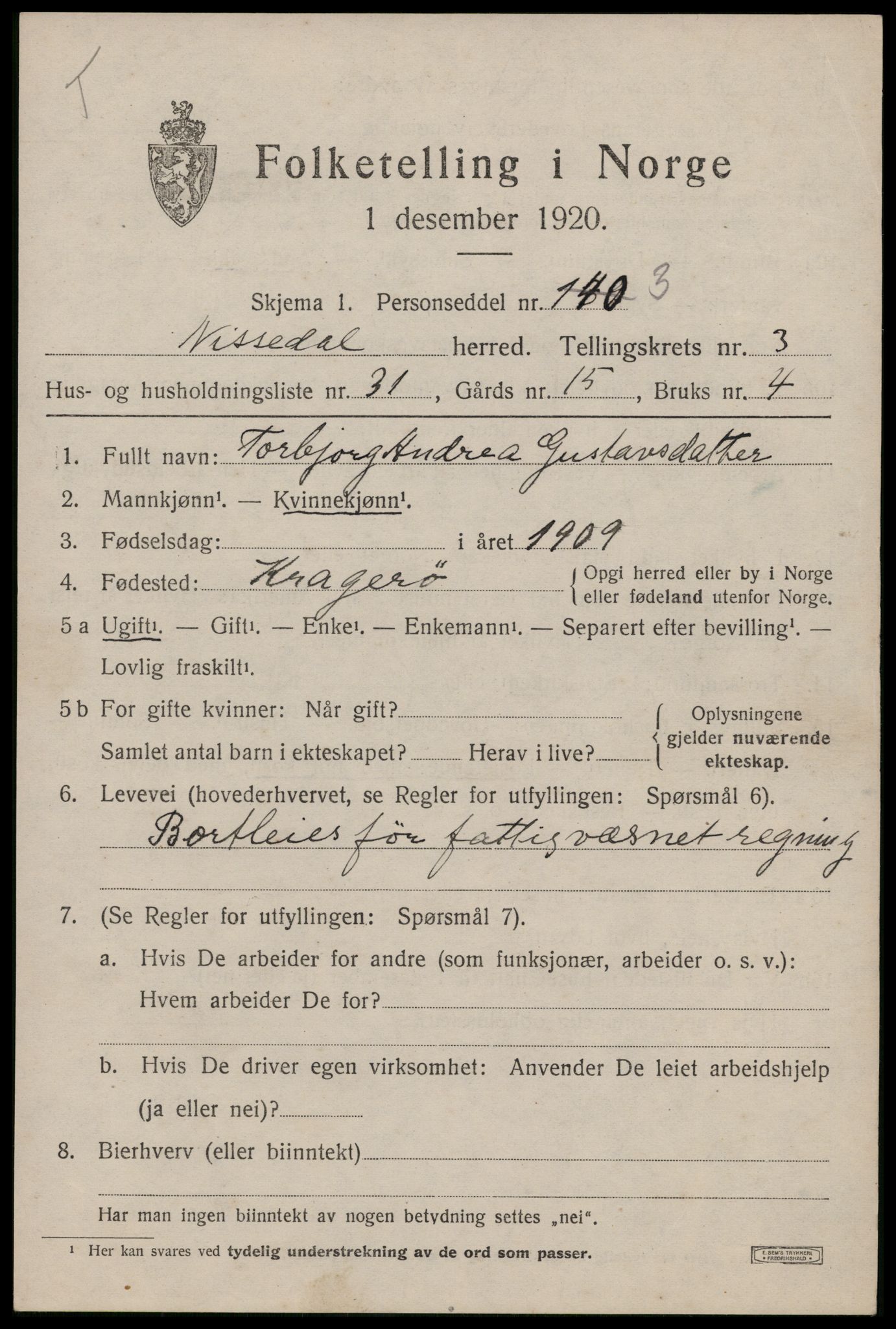 SAKO, Folketelling 1920 for 0830 Nissedal herred, 1920, s. 1775