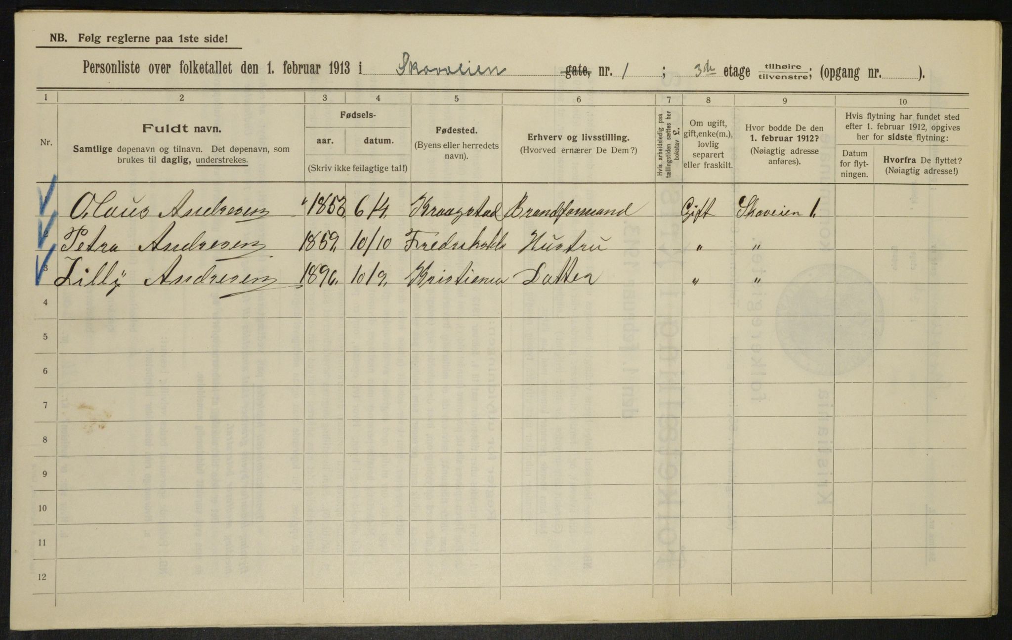 OBA, Kommunal folketelling 1.2.1913 for Kristiania, 1913, s. 96397