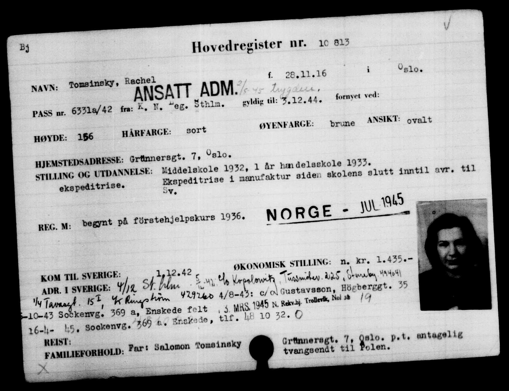 Utenriksstasjonene, Legasjonen i Stockholm, Flyktningkontoret, AV/RA-S-6753/V/Va/L0006: Kjesäterkartoteket, flyktninger med registreringsnr. 9400-12711, 1940-1945, s. 1624