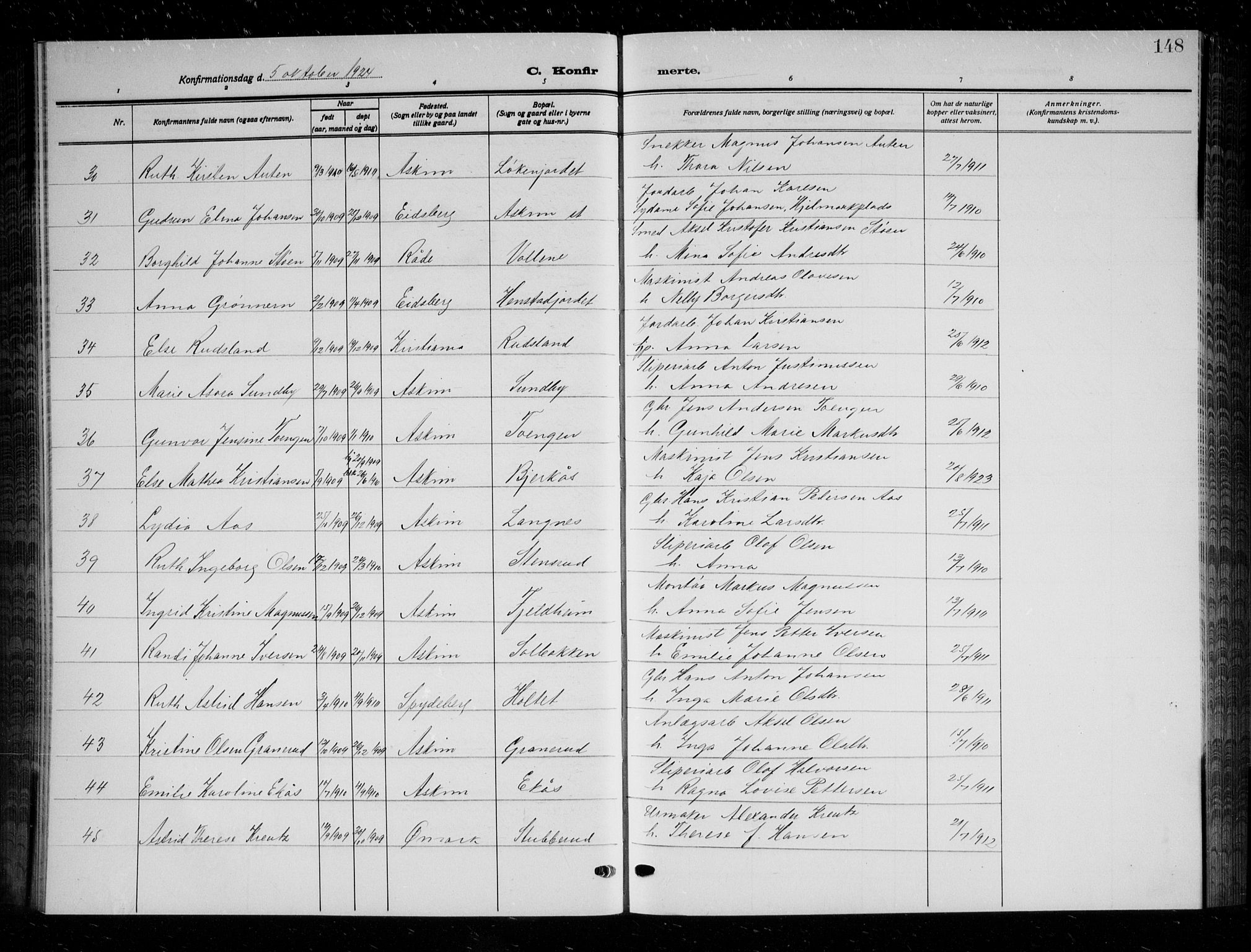 Askim prestekontor Kirkebøker, AV/SAO-A-10900/G/Ga/L0003: Klokkerbok nr. 3, 1921-1937, s. 148