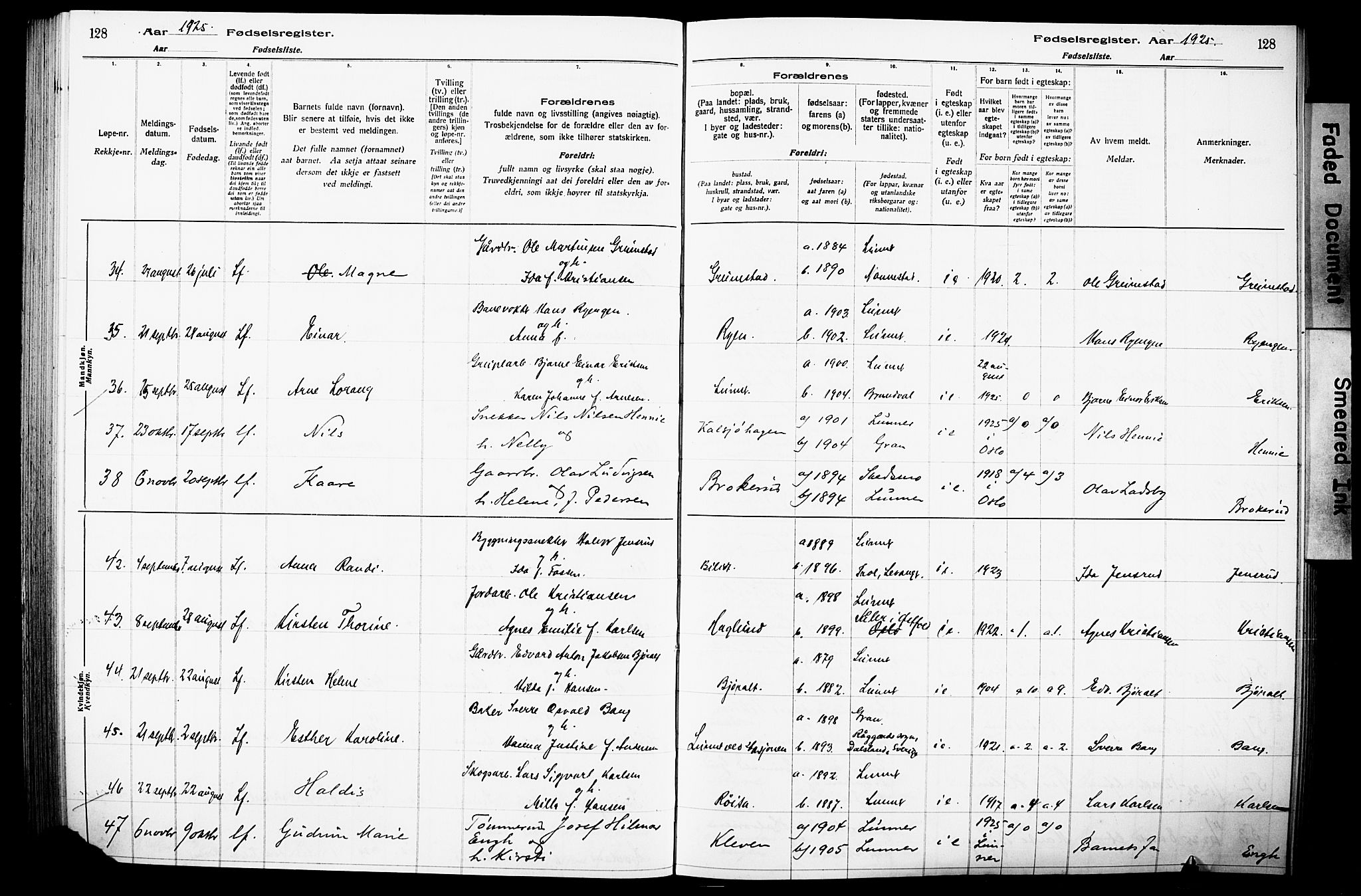 Lunner prestekontor, AV/SAH-PREST-118/I/Id/L0001: Fødselsregister nr. 1, 1916-1932, s. 128