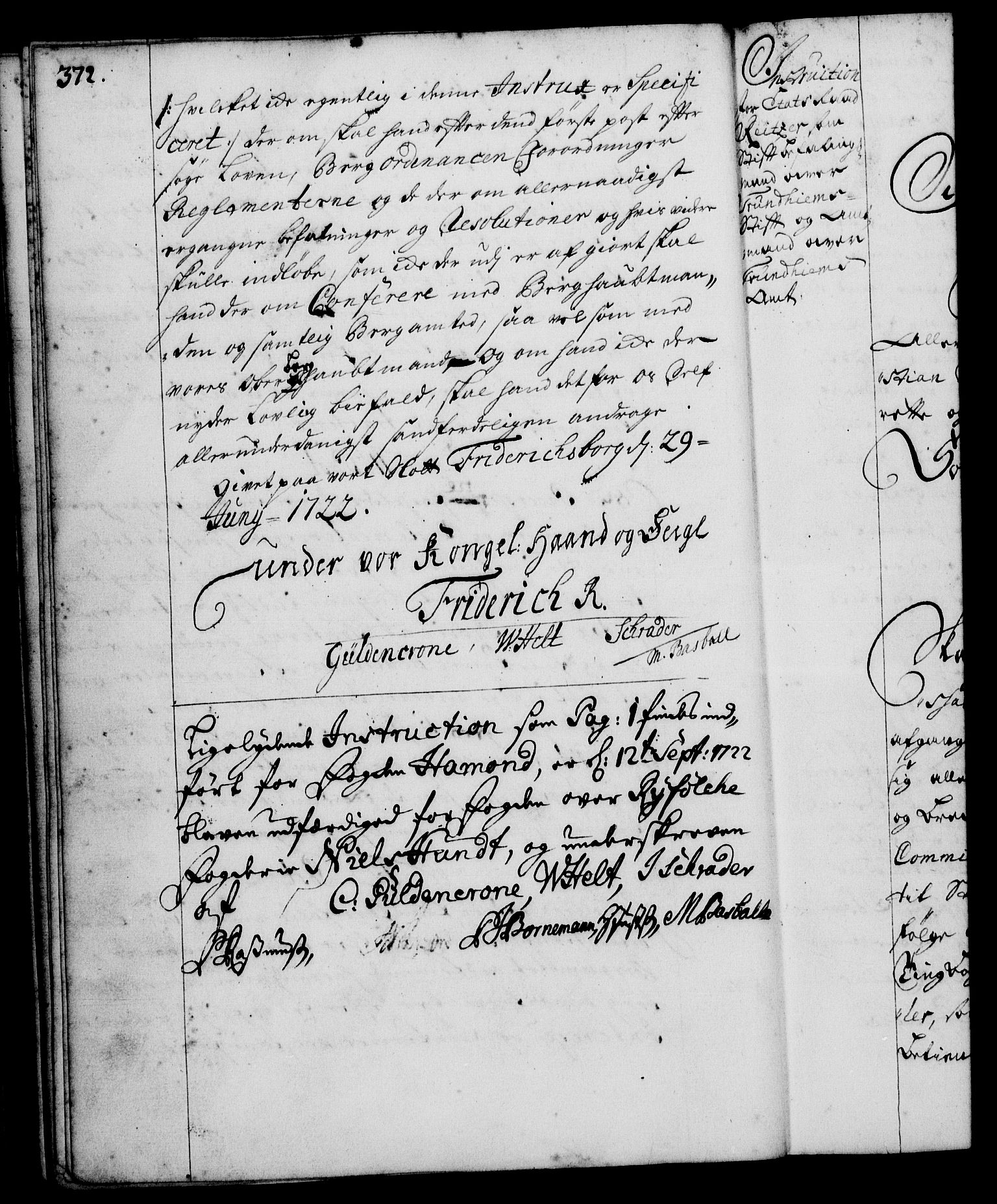 Rentekammeret, Kammerkanselliet, RA/EA-3111/G/Gg/Ggi/L0001: Norsk instruksjonsprotokoll med register (merket RK 53.34), 1720-1729, s. 372