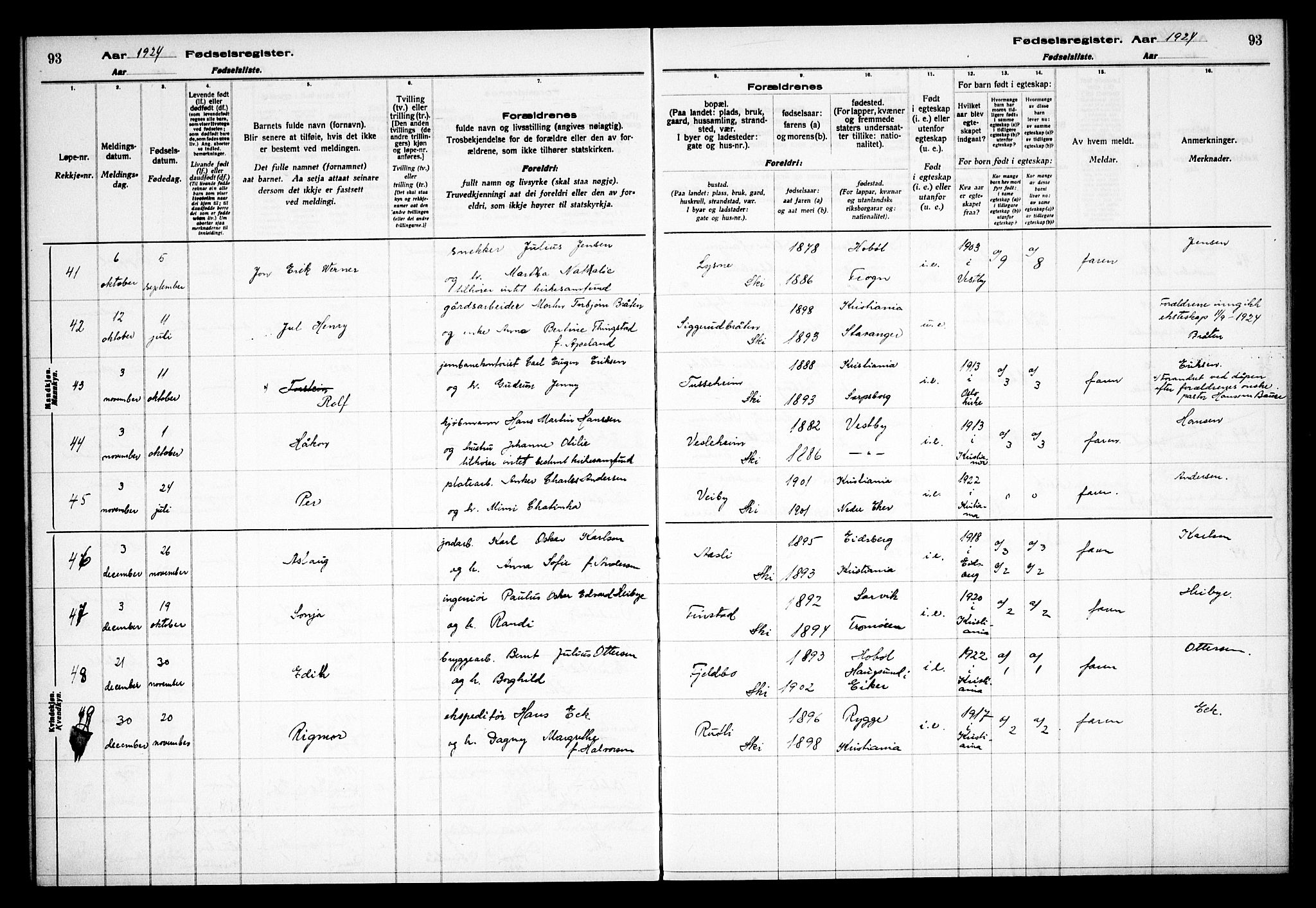 Kråkstad prestekontor Kirkebøker, AV/SAO-A-10125a/J/Jb/L0001: Fødselsregister nr. II 1, 1916-1936, s. 93