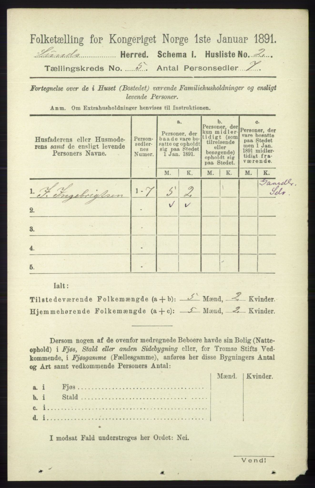 RA, Folketelling 1891 for 1245 Sund herred, 1891, s. 2327