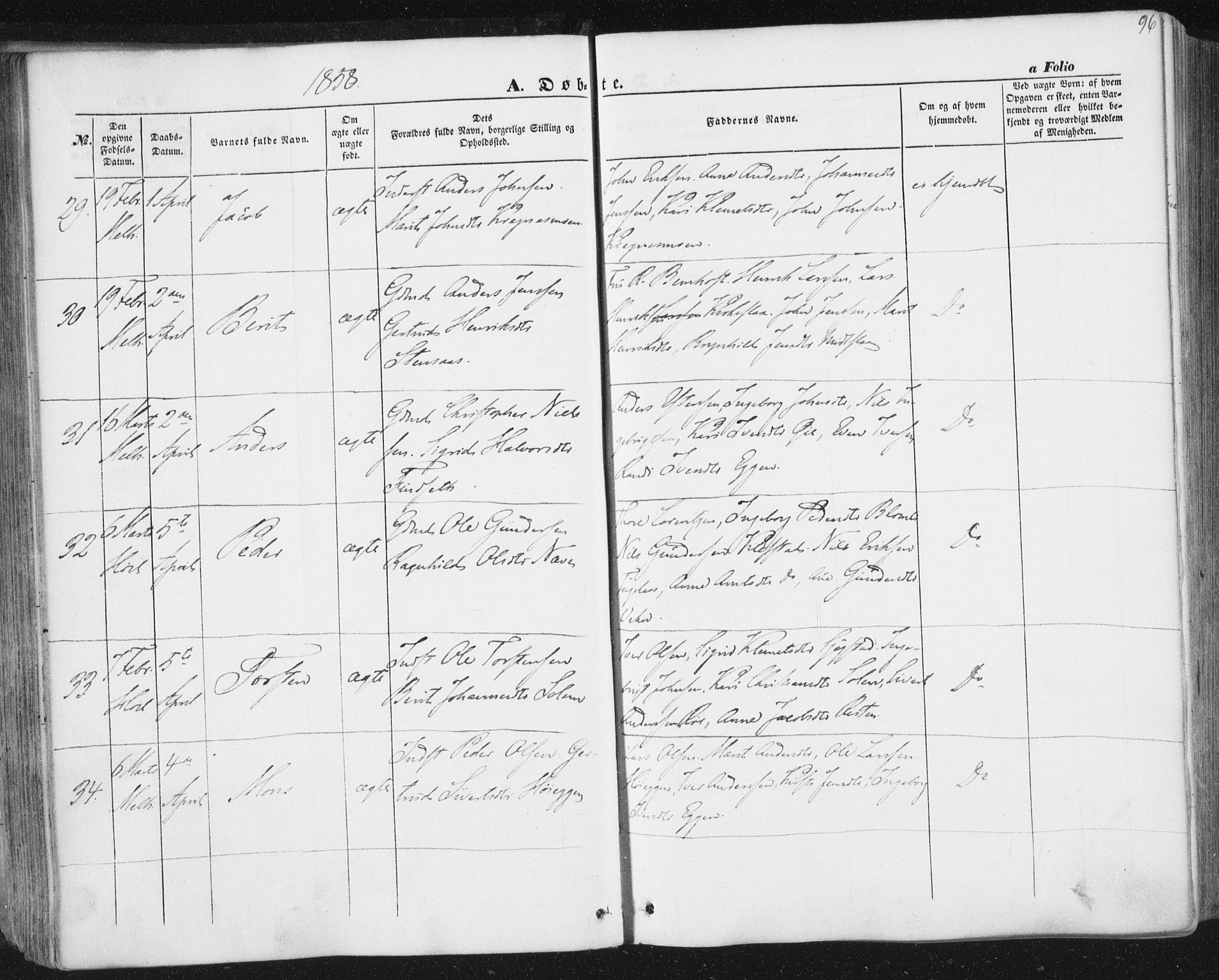 Ministerialprotokoller, klokkerbøker og fødselsregistre - Sør-Trøndelag, AV/SAT-A-1456/691/L1076: Ministerialbok nr. 691A08, 1852-1861, s. 96