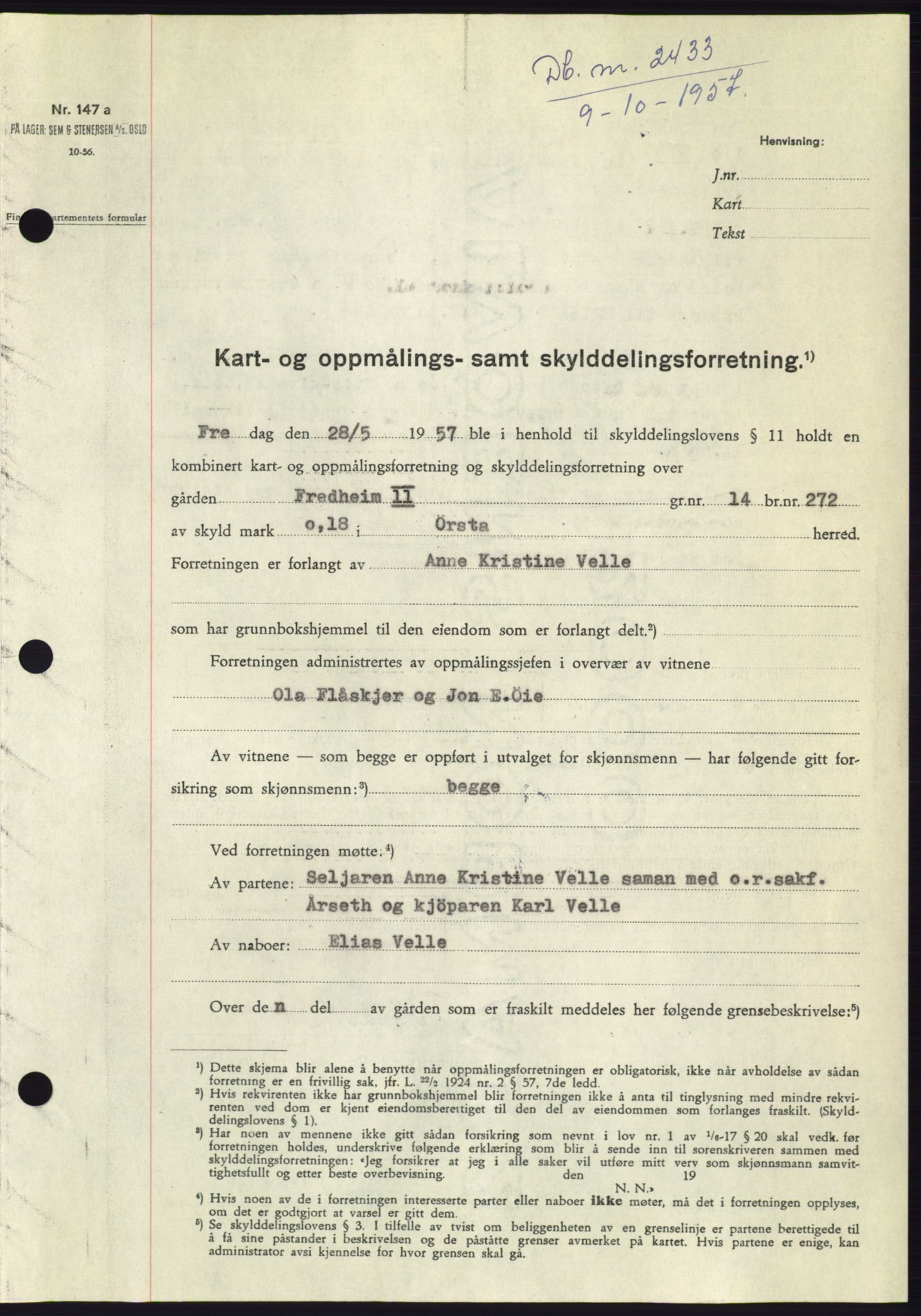 Søre Sunnmøre sorenskriveri, SAT/A-4122/1/2/2C/L0107: Pantebok nr. 33A, 1957-1957, Dagboknr: 2433/1957