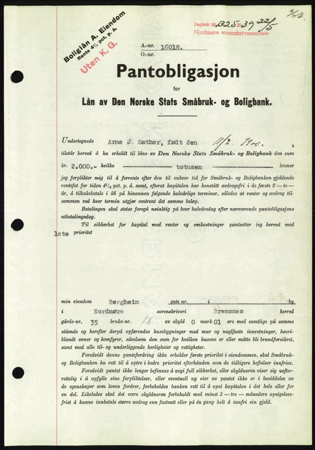 Nordmøre sorenskriveri, SAT/A-4132/1/2/2Ca: Pantebok nr. B85, 1939-1939, Dagboknr: 1325/1939