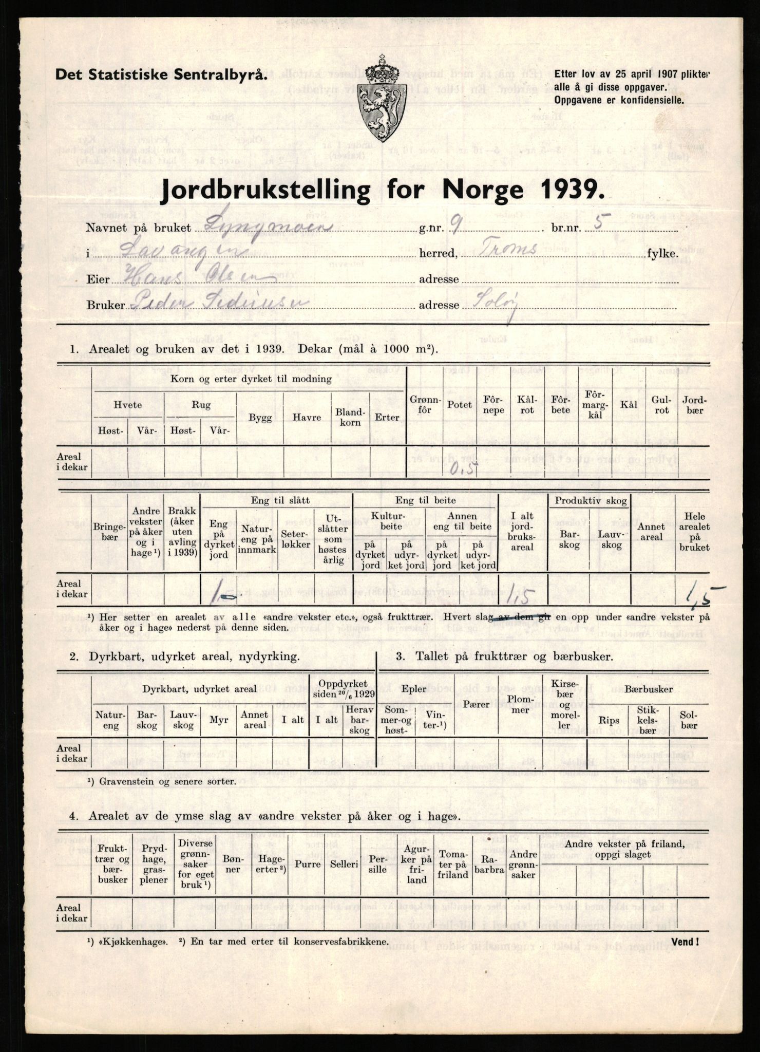 Statistisk sentralbyrå, Næringsøkonomiske emner, Jordbruk, skogbruk, jakt, fiske og fangst, AV/RA-S-2234/G/Gb/L0339: Troms: Andørja, Astafjord og Lavangen, 1939, s. 862