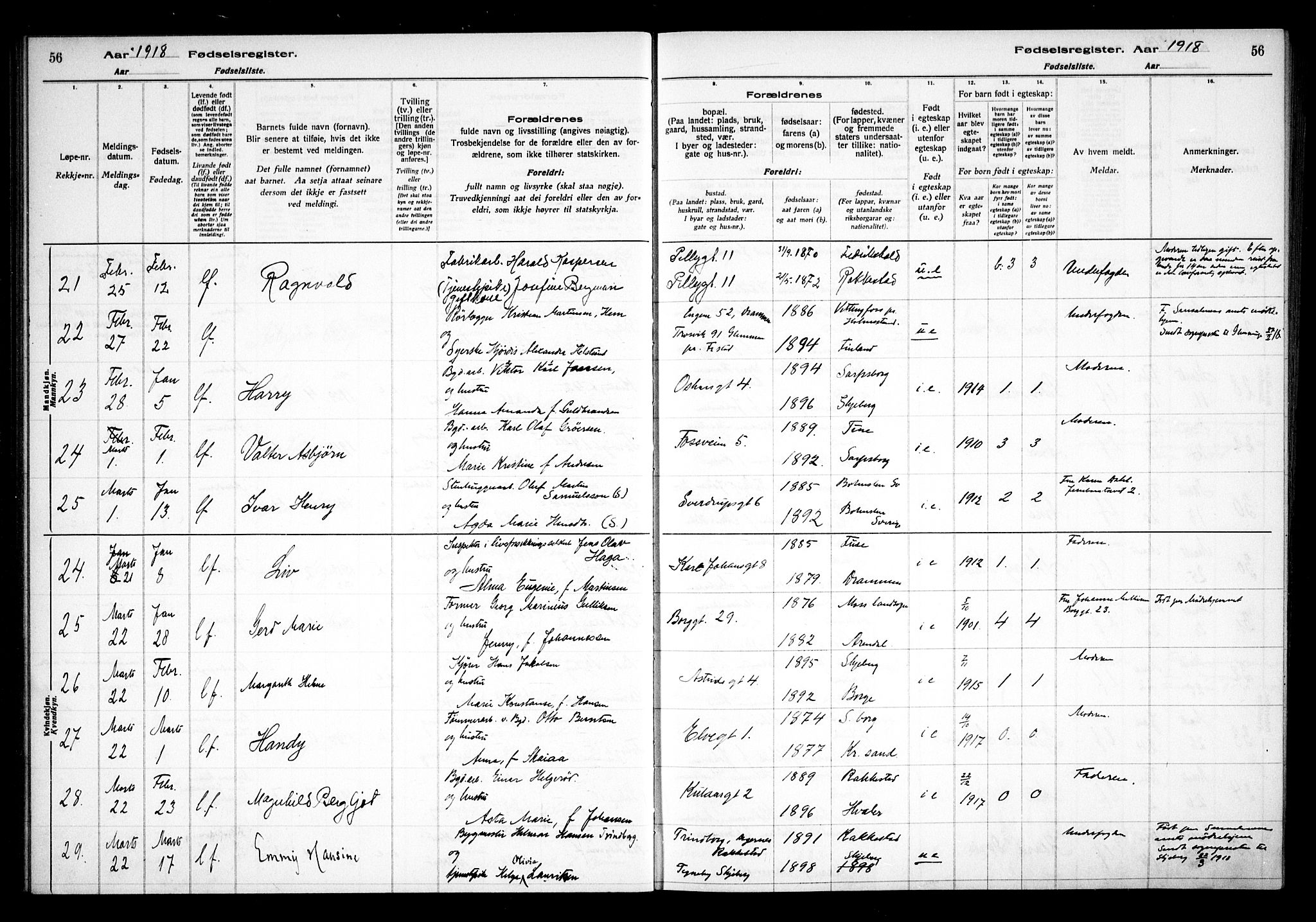 Sarpsborg prestekontor Kirkebøker, SAO/A-2006/J/Ja/L0001: Fødselsregister nr. 1, 1916-1922, s. 56