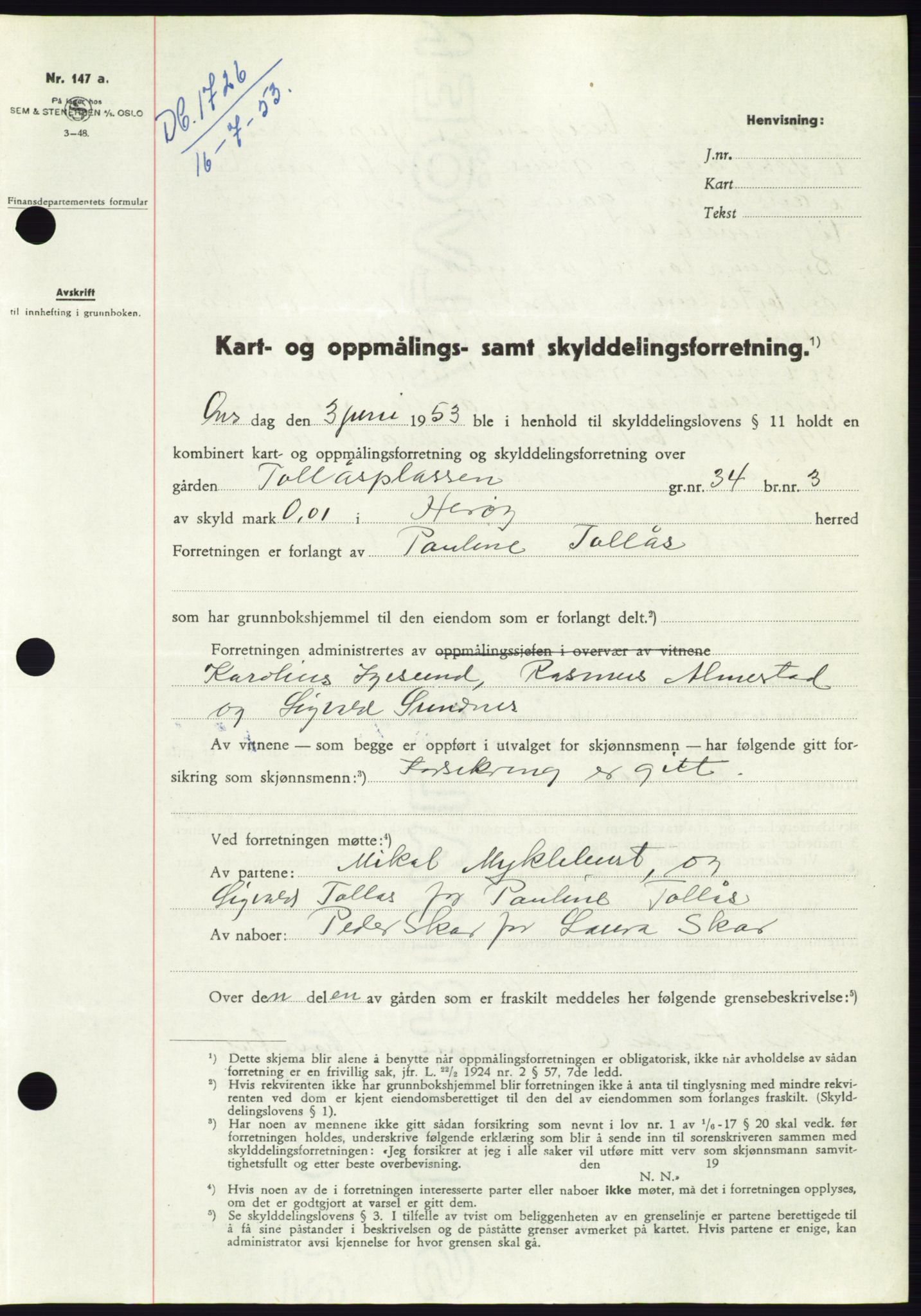 Søre Sunnmøre sorenskriveri, AV/SAT-A-4122/1/2/2C/L0095: Pantebok nr. 21A, 1953-1953, Dagboknr: 1726/1953