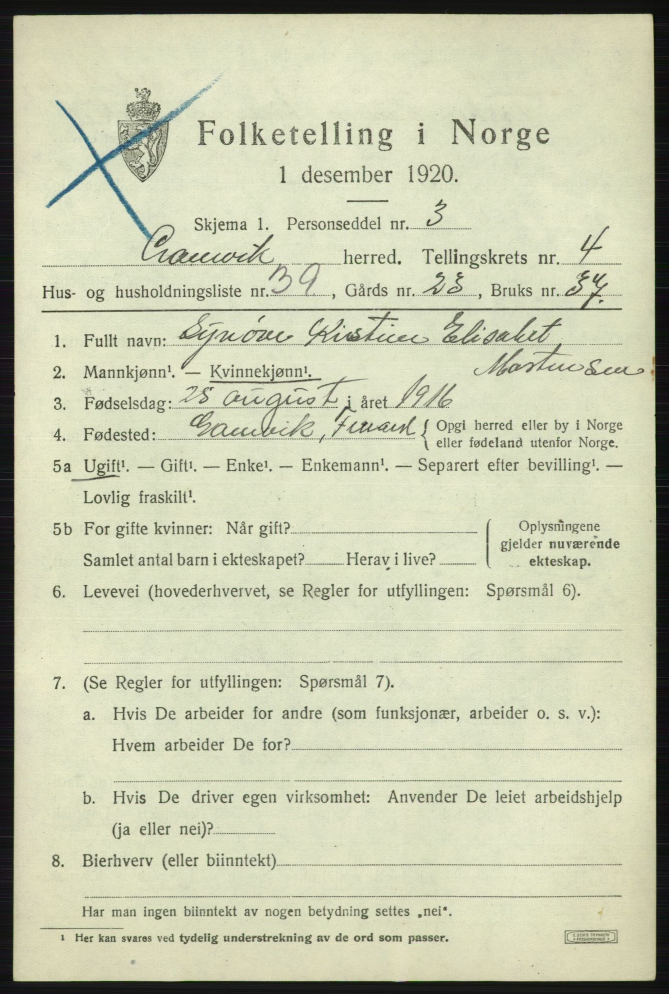 SATØ, Folketelling 1920 for 2023 Gamvik herred, 1920, s. 3548