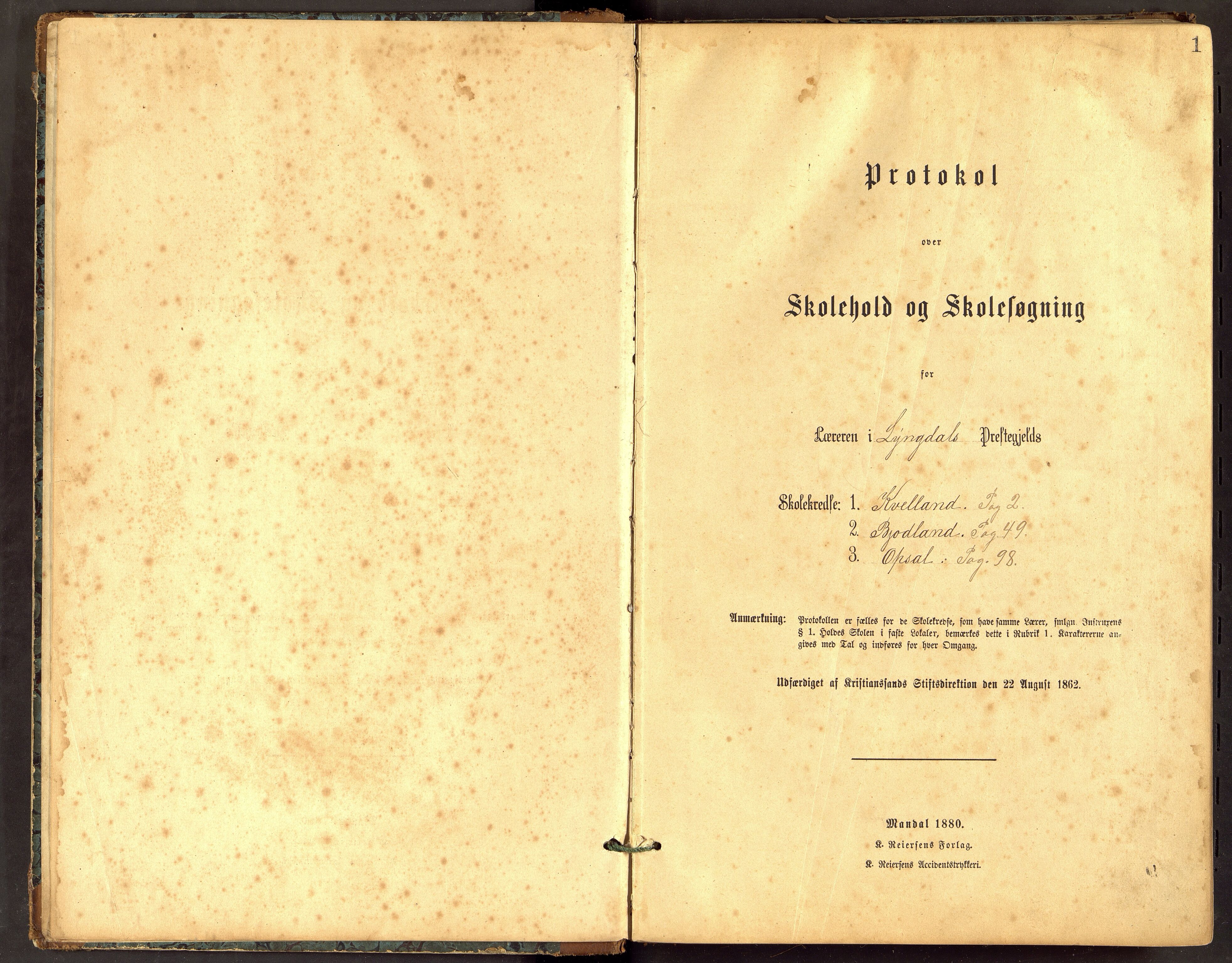 Lyngdal kommune - Bjodland Skolekrets, ARKSOR/1032LG554/H/L0002: Skoleprotokoll, 1883-1902