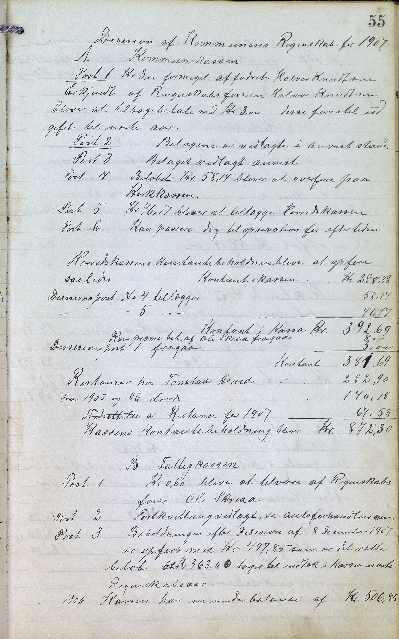 Øvre Sirdal kommune - Formannskapet/Kommunestyret, ARKSOR/1046ØS120/A/L0001: Møtebok (d), 1905-1917, s. 55