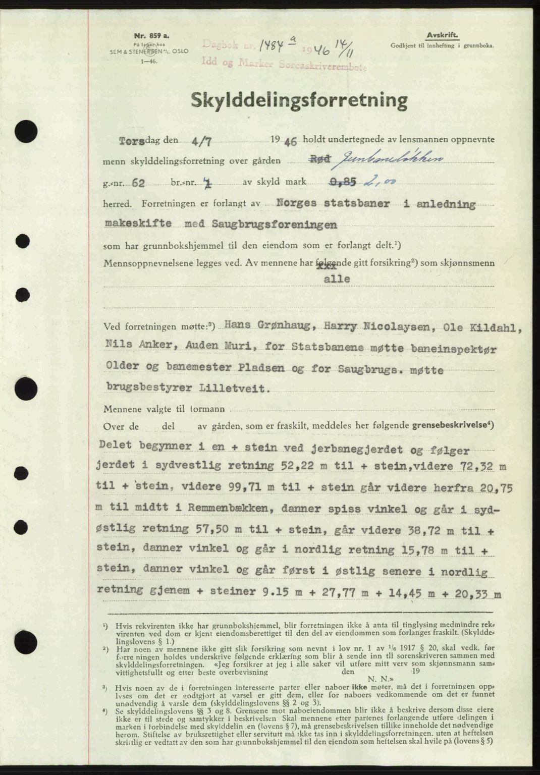 Idd og Marker sorenskriveri, SAO/A-10283/G/Gb/Gbb/L0008: Pantebok nr. A8, 1946-1946, Dagboknr: 1484/1946