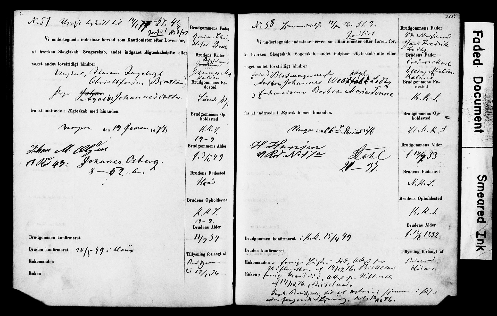 Korskirken sokneprestembete, SAB/A-76101: Forlovererklæringer nr. II.5.4, 1871-1878, s. 265