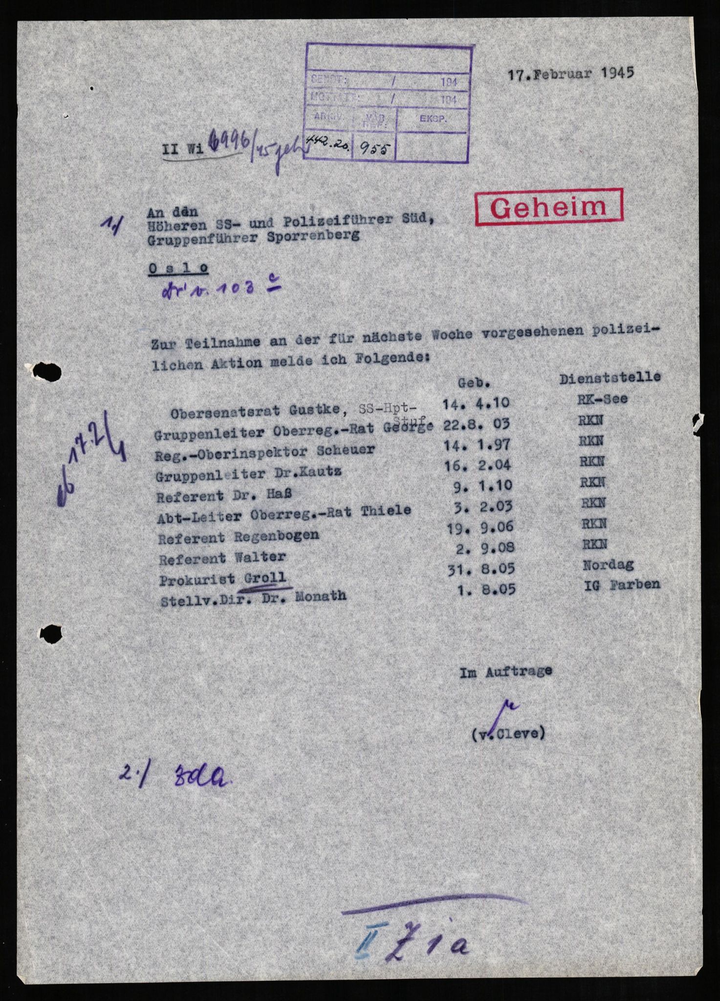 Forsvaret, Forsvarets overkommando II, RA/RAFA-3915/D/Db/L0010: CI Questionaires. Tyske okkupasjonsstyrker i Norge. Tyskere., 1945-1946, s. 245