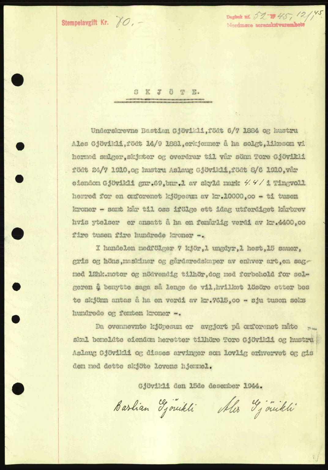 Nordmøre sorenskriveri, SAT/A-4132/1/2/2Ca: Pantebok nr. A99, 1945-1945, Dagboknr: 52/1945