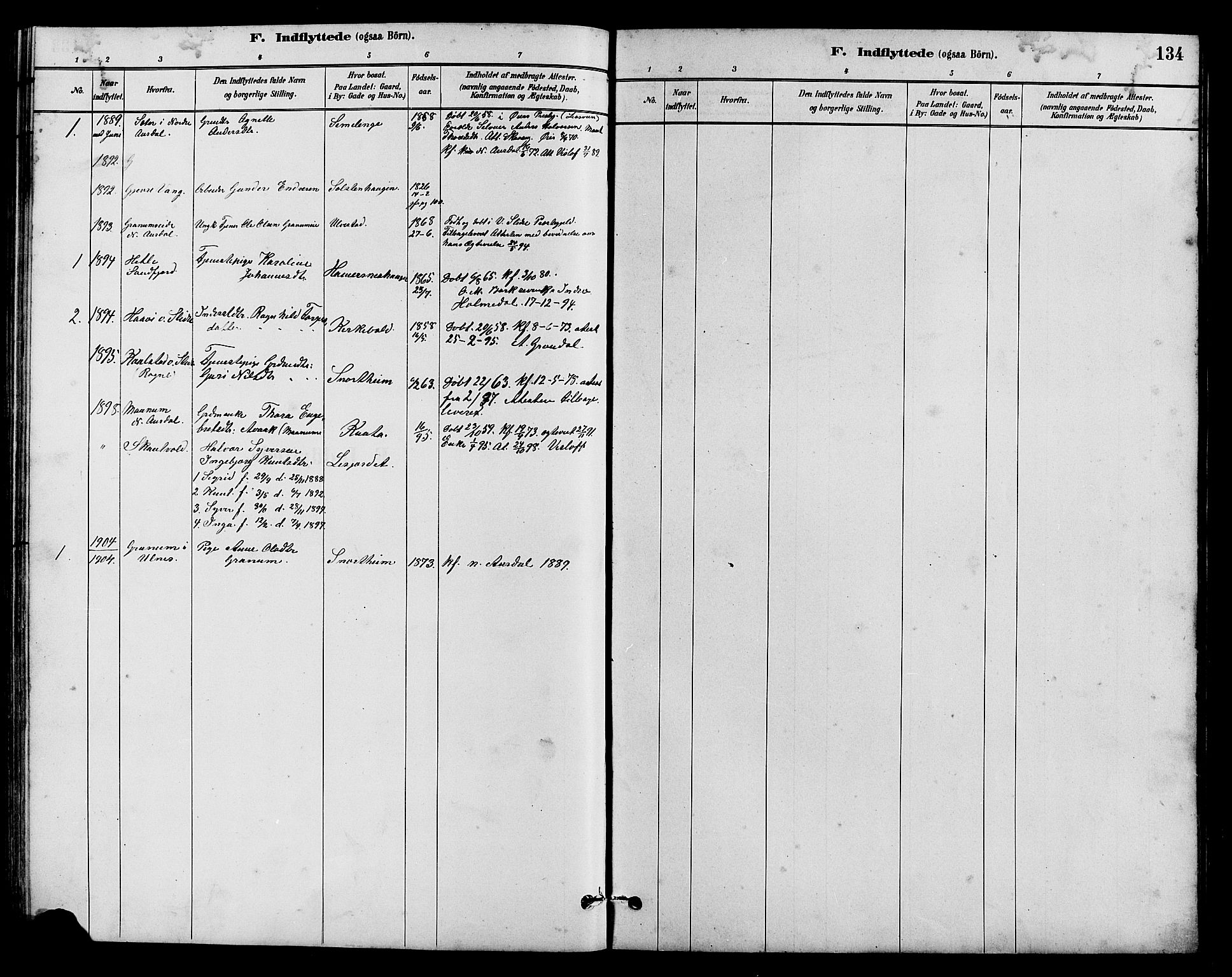 Vestre Slidre prestekontor, AV/SAH-PREST-136/H/Ha/Hab/L0005: Klokkerbok nr. 5, 1881-1913, s. 134