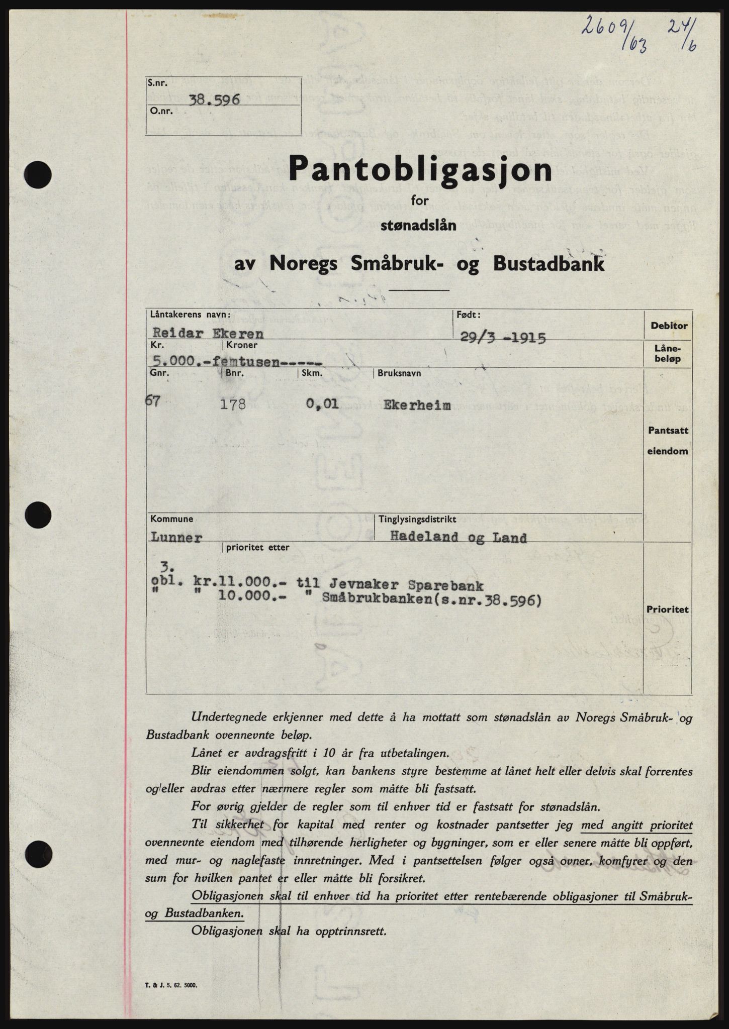 Hadeland og Land tingrett, SAH/TING-010/H/Hb/Hbc/L0052: Pantebok nr. B52, 1963-1963, Dagboknr: 2609/1963