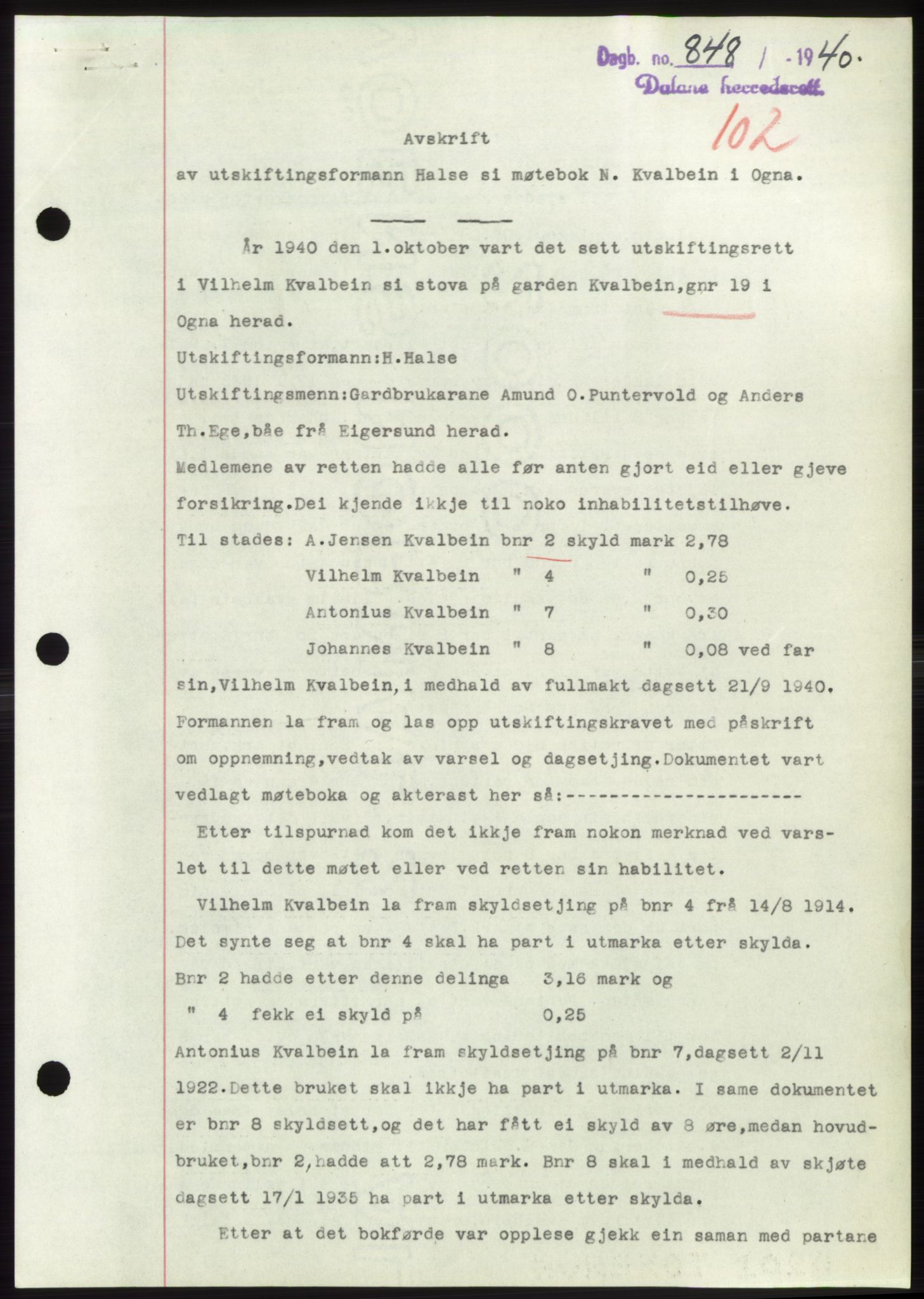 Dalane sorenskriveri, SAST/A-100309/02/G/Gb/L0058: Pantebok, 1926-1950, Tingl.dato: 08.11.1940