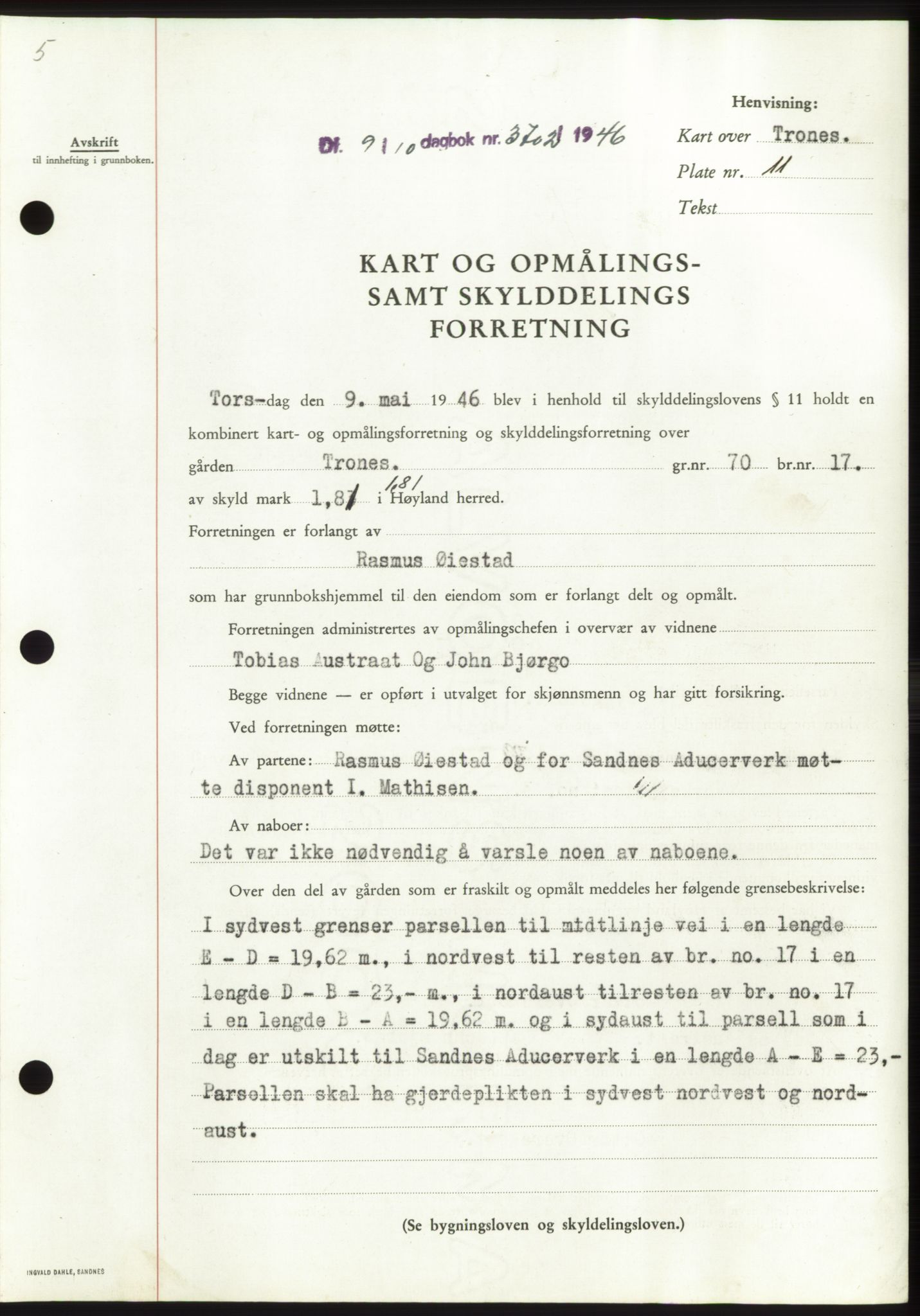 Jæren sorenskriveri, SAST/A-100310/03/G/Gba/L0091: Pantebok, 1946-1946, Dagboknr: 3702/1946