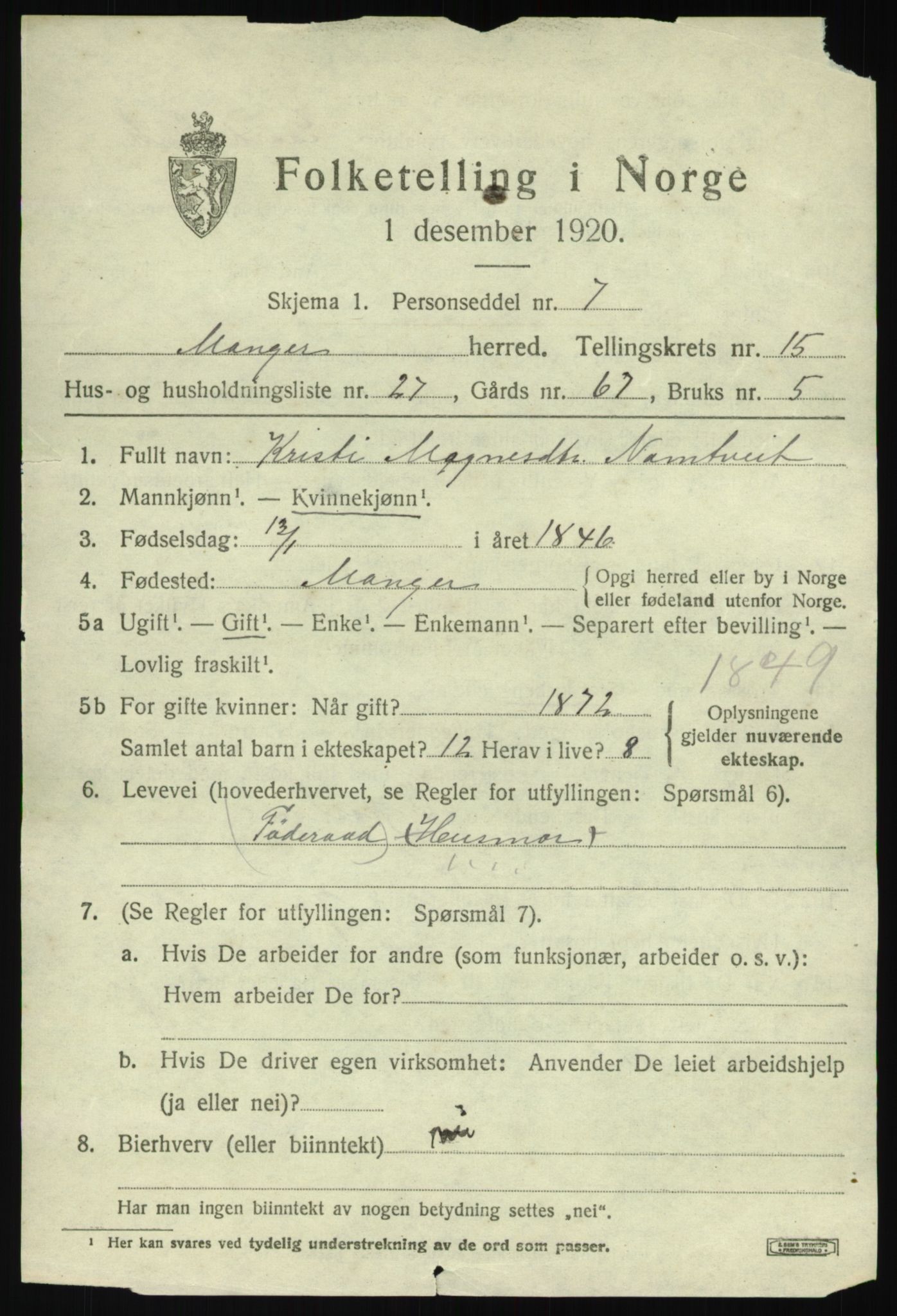 SAB, Folketelling 1920 for 1261 Manger herred, 1920, s. 8788